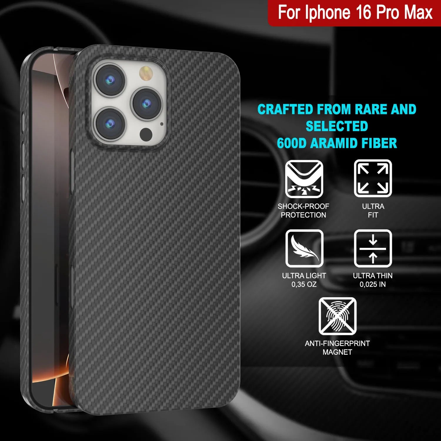 Punkcase iPhone 16 Pro Max Carbon Fiber Case [AramidShield Series] Ultra Slim & Light Kevlar [Black]