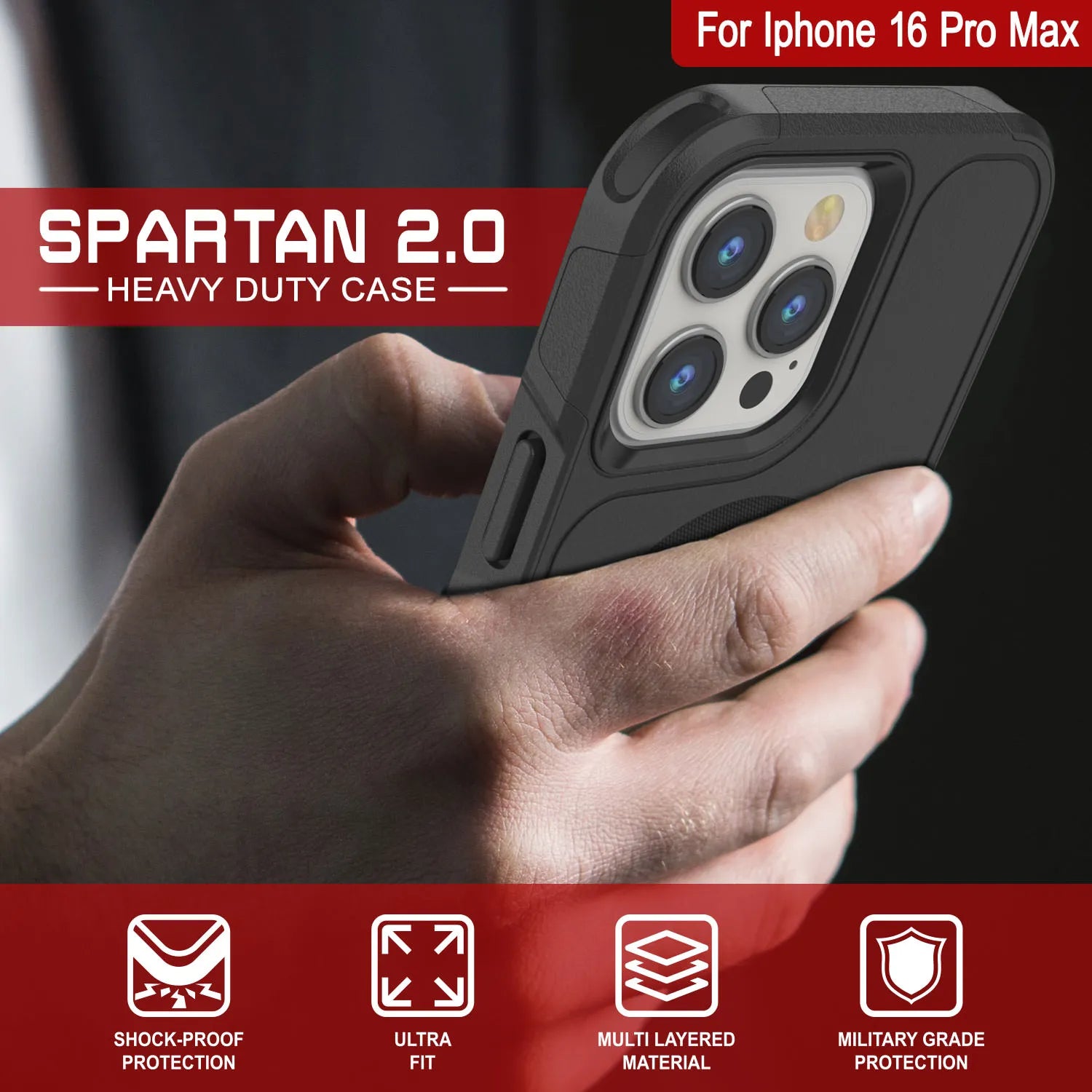 PunkCase iPhone 16 Pro Max Case, [Spartan 2.0 Series] Clear Rugged Heavy Duty Cover W/Built in Screen Protector [Black]