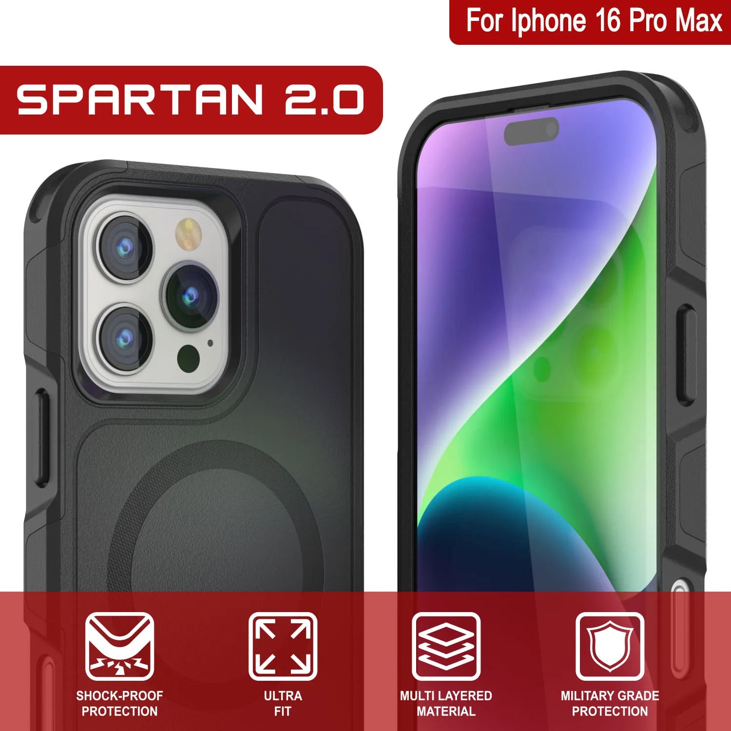 PunkCase iPhone 16 Pro Max Case, [Spartan 2.0 Series] Clear Rugged Heavy Duty Cover W/Built in Screen Protector [Black]