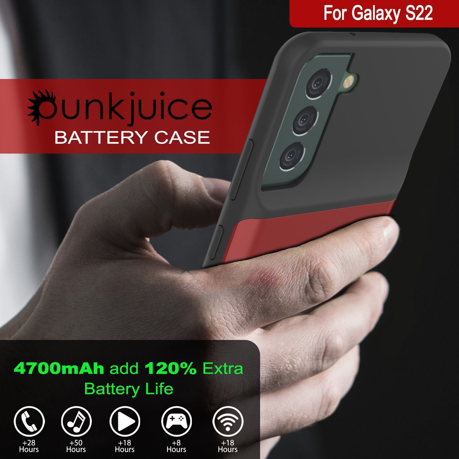 PunkJuice S22 Battery Case Red - Portable Charging Power Juice Bank with 4700mAh