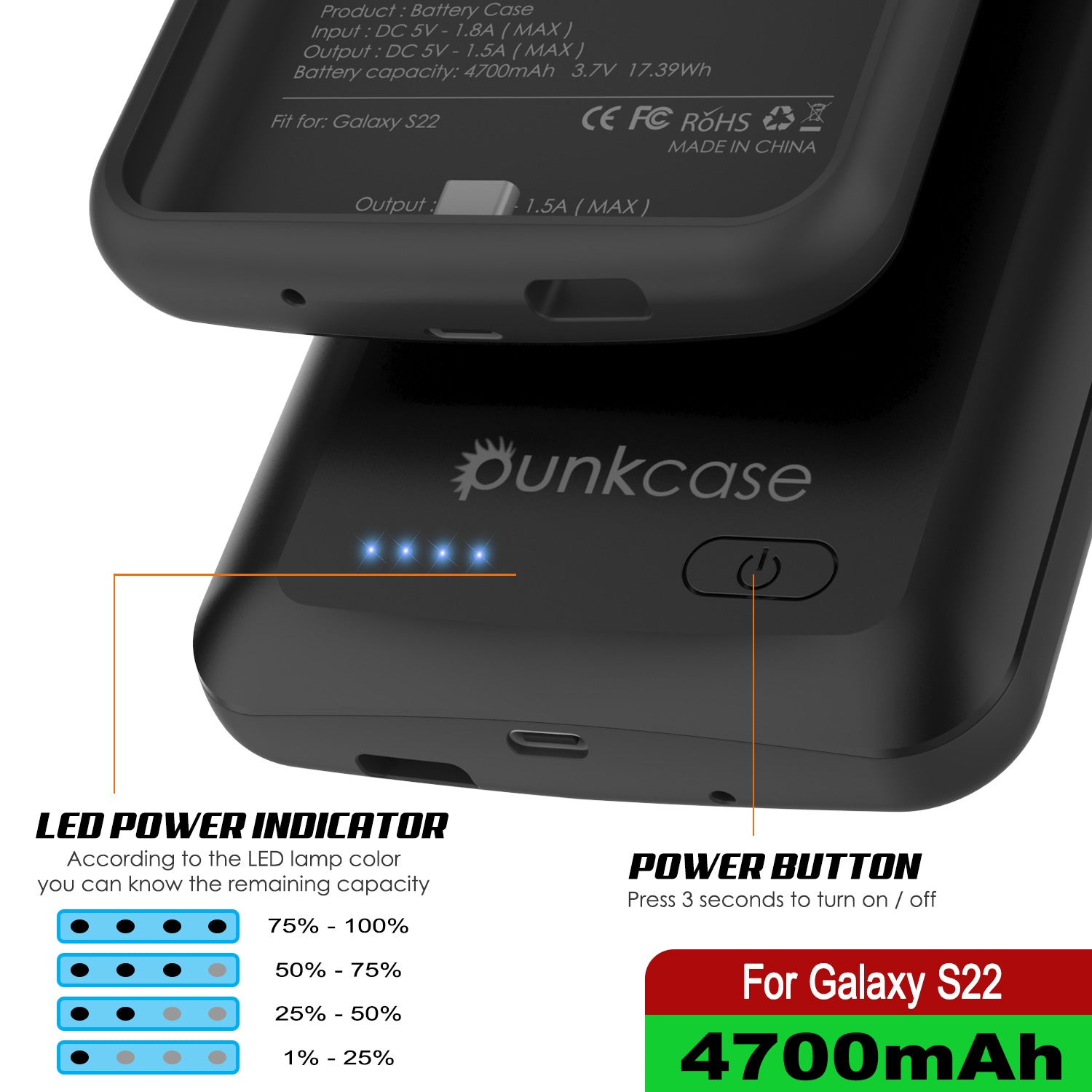 PunkJuice S22 Battery Case Black - Portable Charging Power Juice Bank with 4700mAh