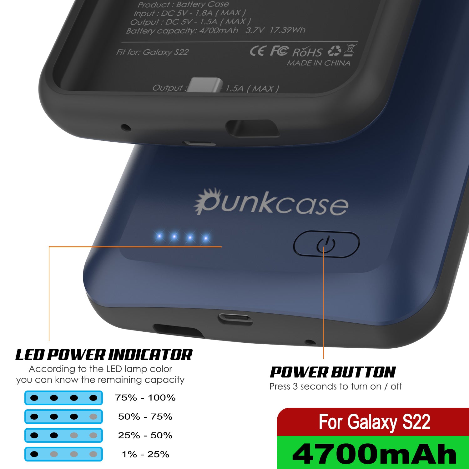 PunkJuice S22 Battery Case Blue - Portable Charging Power Juice Bank with 4700mAh