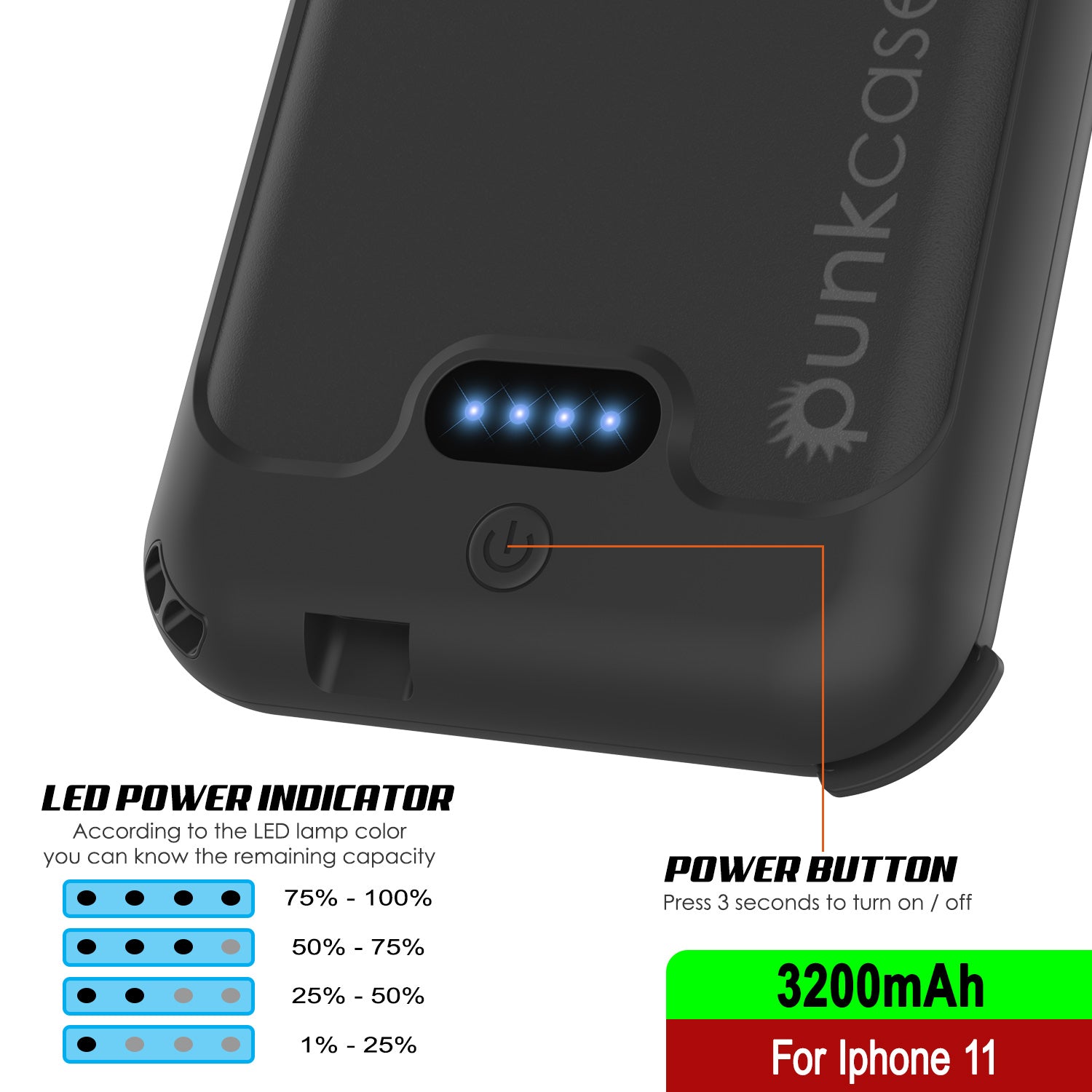 PunkJuice iPhone 11 Battery Case | Waterproof Slim 3200mAh [Black]