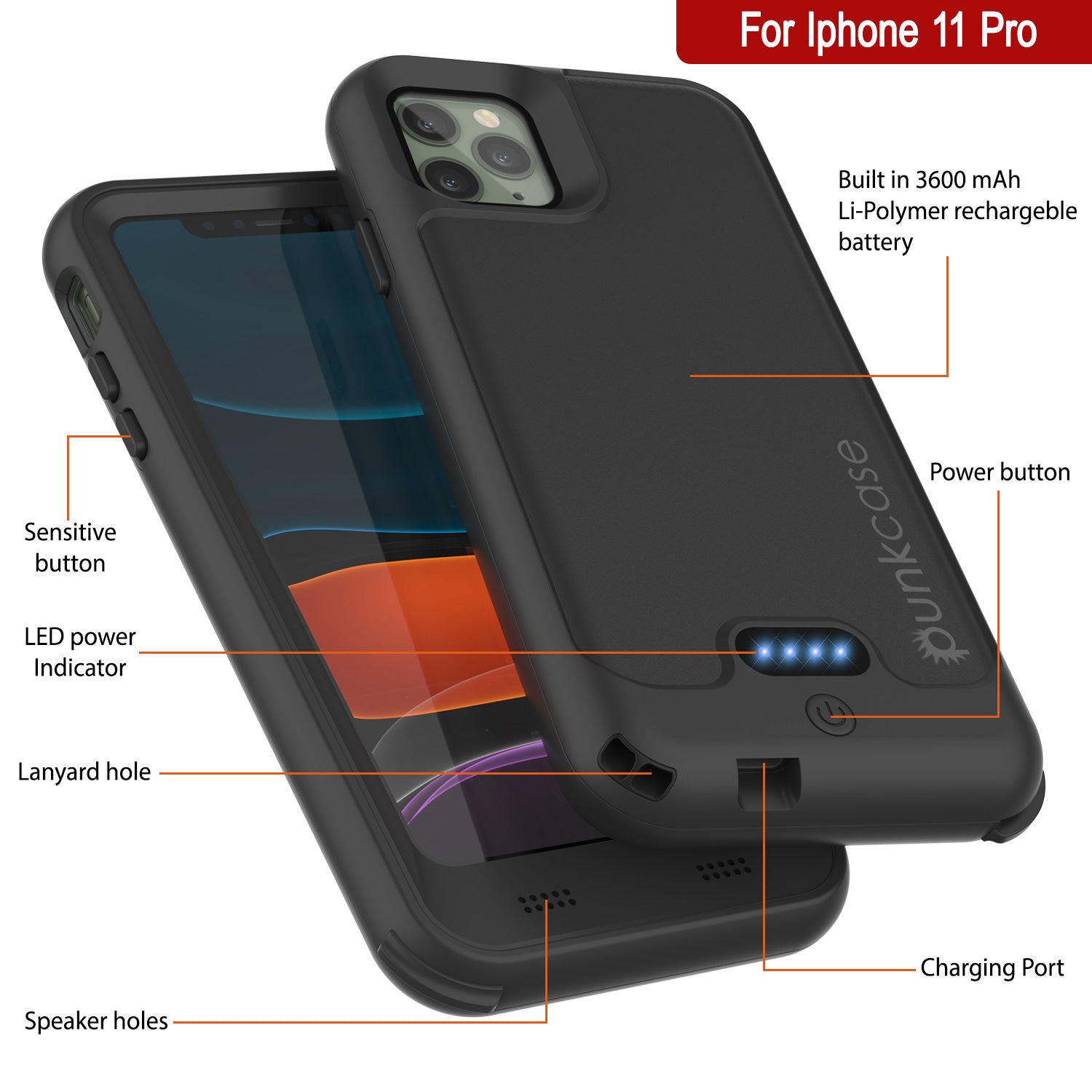 PunkJuice iPhone 11 Pro Battery Case | Waterproof Slim 3600mAh [Black]