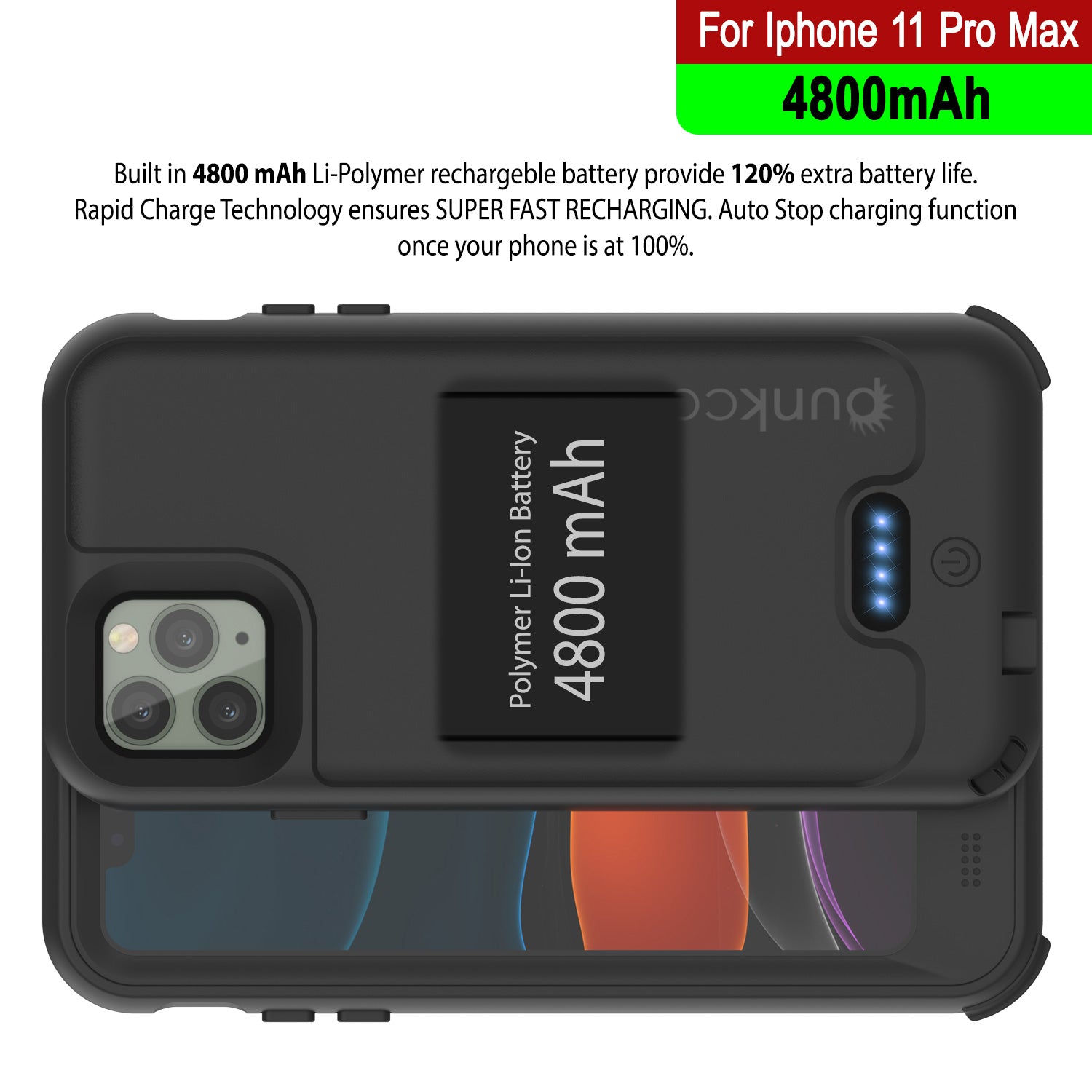 PunkJuice iPhone 11 Pro Max Battery Case | Waterproof Slim 4800mAh [Black]