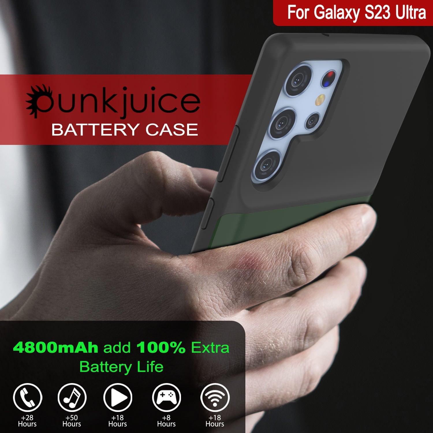 PunkJuice S23 Ultra Battery Case Green - Portable Charging Power Juice Bank with 4800mAh