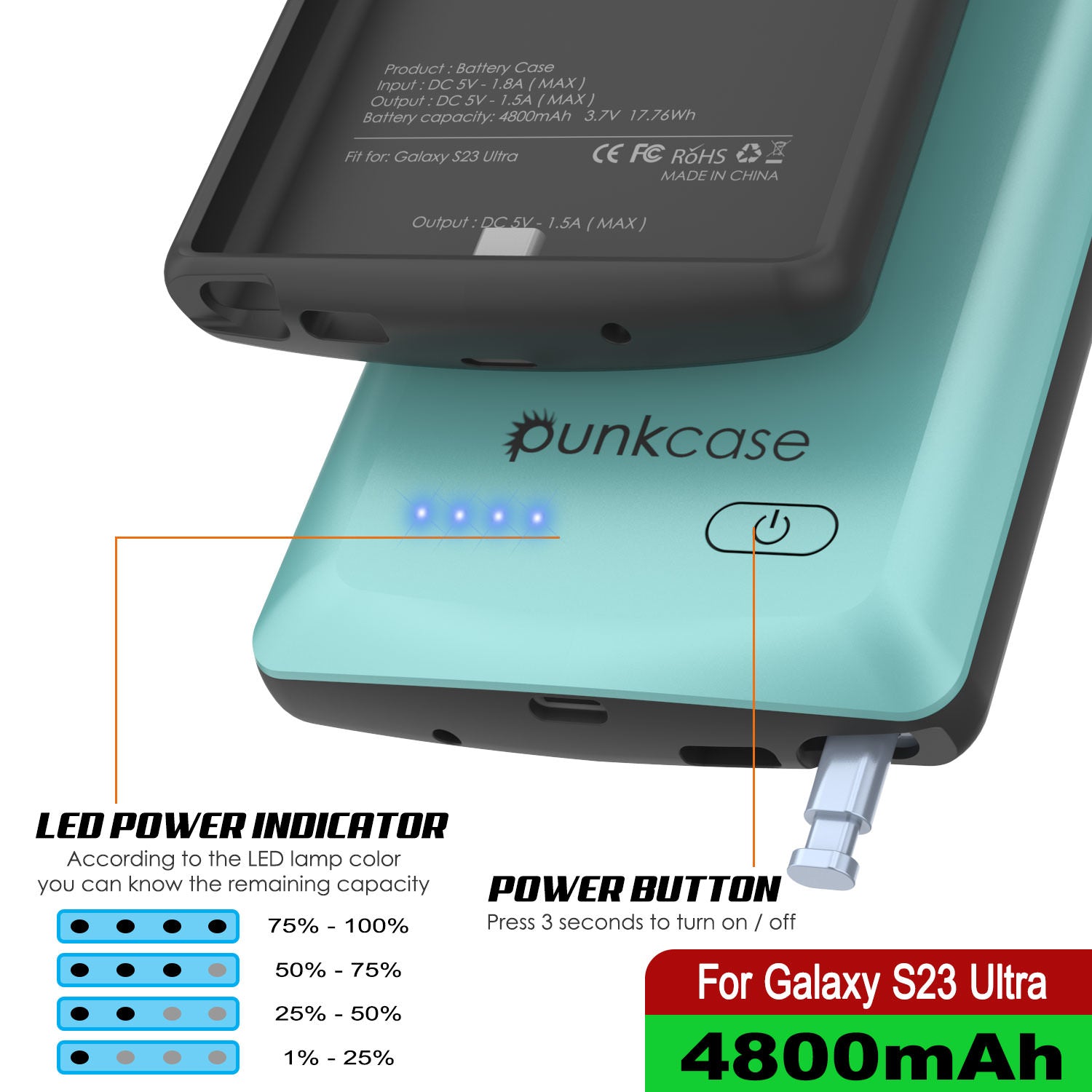 PunkJuice S23 Ultra Battery Case Teal - Portable Charging Power Juice Bank with 4800mAh