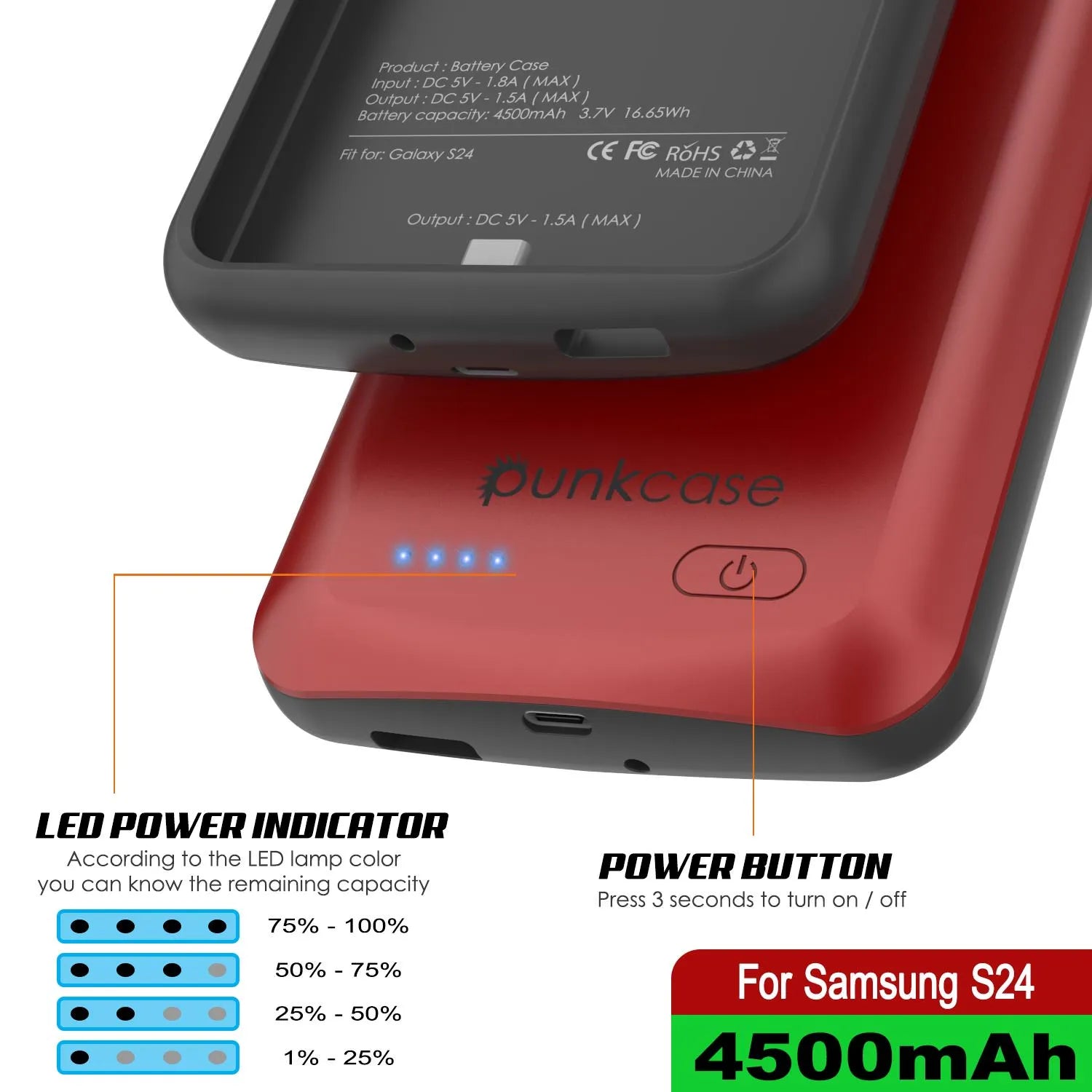 PunkJuice S24 Battery Case Red - Portable Charging Power Juice Bank with 4500mAh