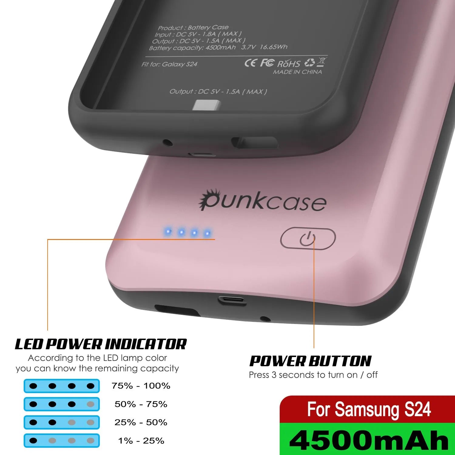 PunkJuice S24 Battery Case Rose-Gold - Portable Charging Power Juice Bank with 4500mAh