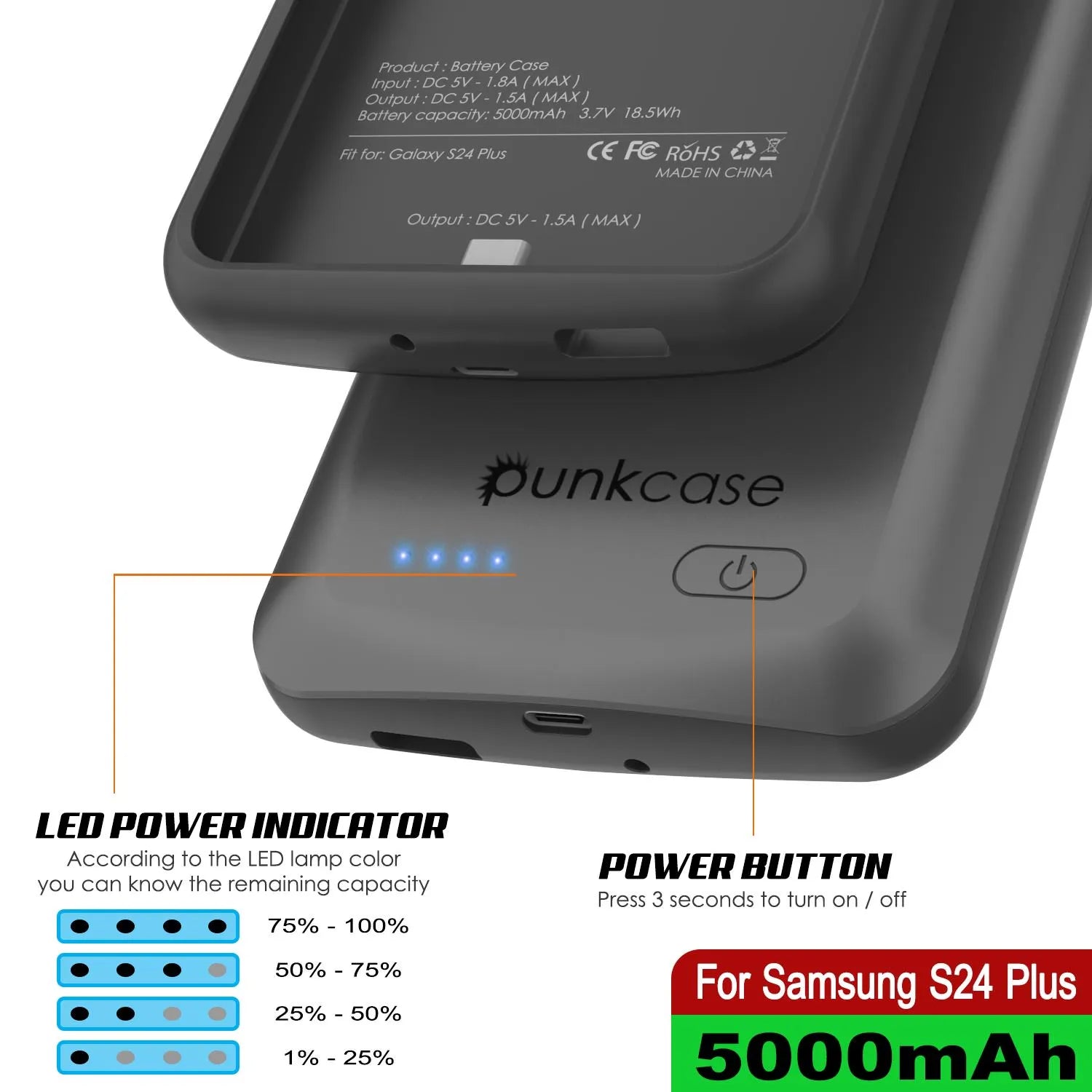 PunkJuice S24+ Plus Battery Case Grey - Portable Charging Power Juice Bank with 5000mAh