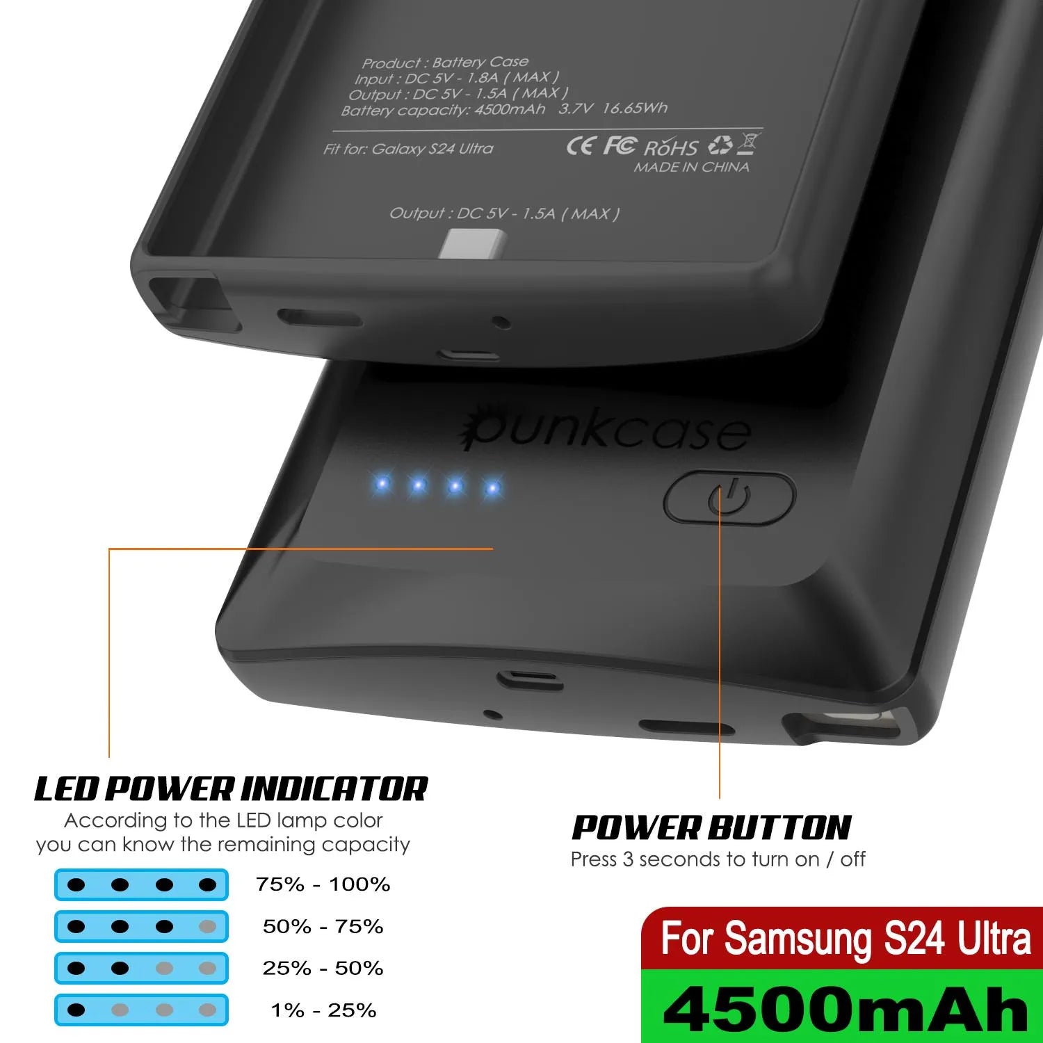 PunkJuice S24 Ultra Battery Case Black - Portable Charging Power Juice Bank with 4500mAh