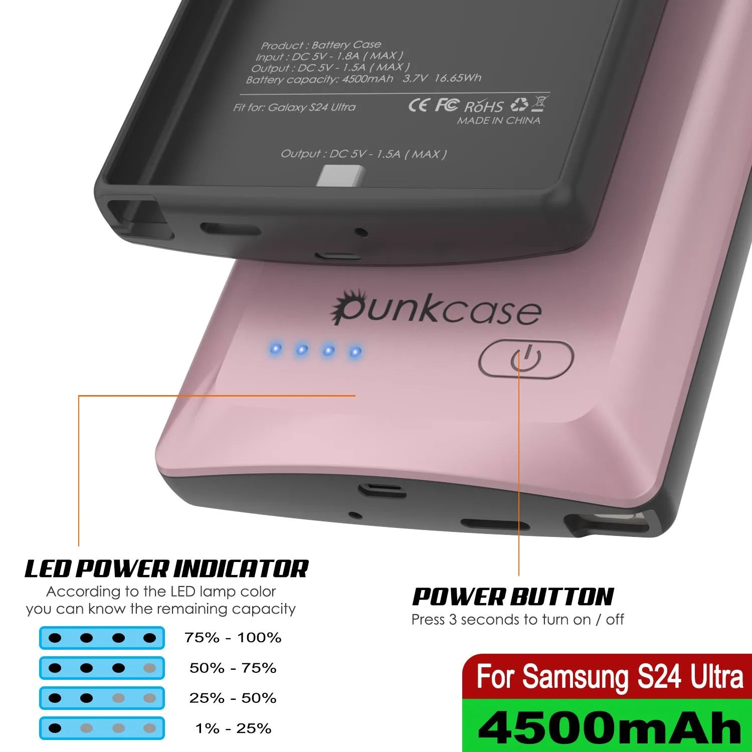 PunkJuice S24 Ultra Battery Case Rose-Gold - Portable Charging Power Juice Bank with 4500mAh