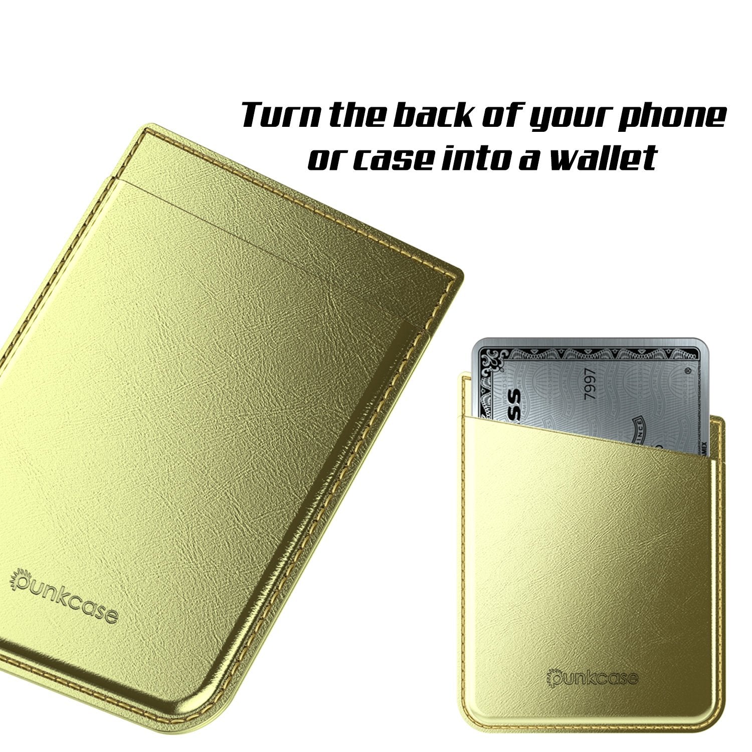 PunkCase CardStud Deluxe Stick On Wallet | Adhesive Card Holder Attachment for Back of iPhone, Android & More | Leather Pouch | [Gold]