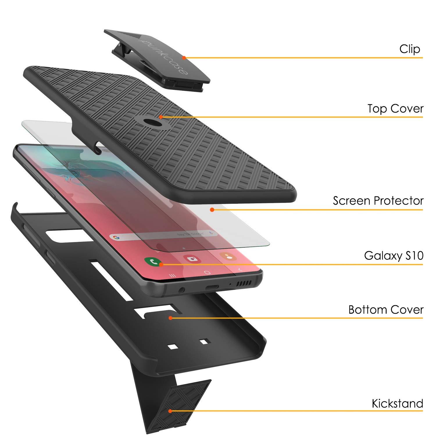 Punkcase Galaxy S10 5G Case With Screen Protector, Holster Belt Clip [Black]