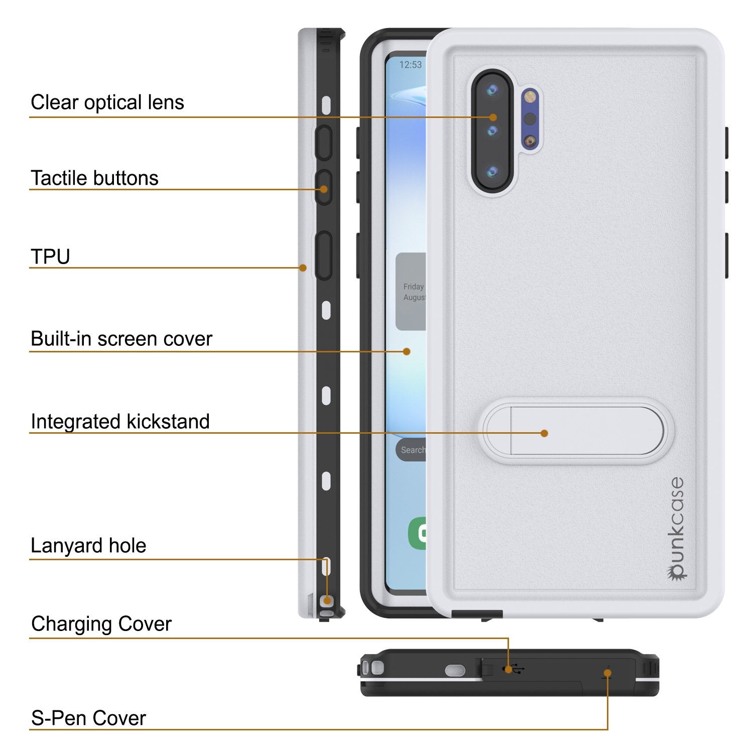 PunkCase Galaxy Note 10+ Plus Waterproof Case, [KickStud Series] Armor Cover [White]