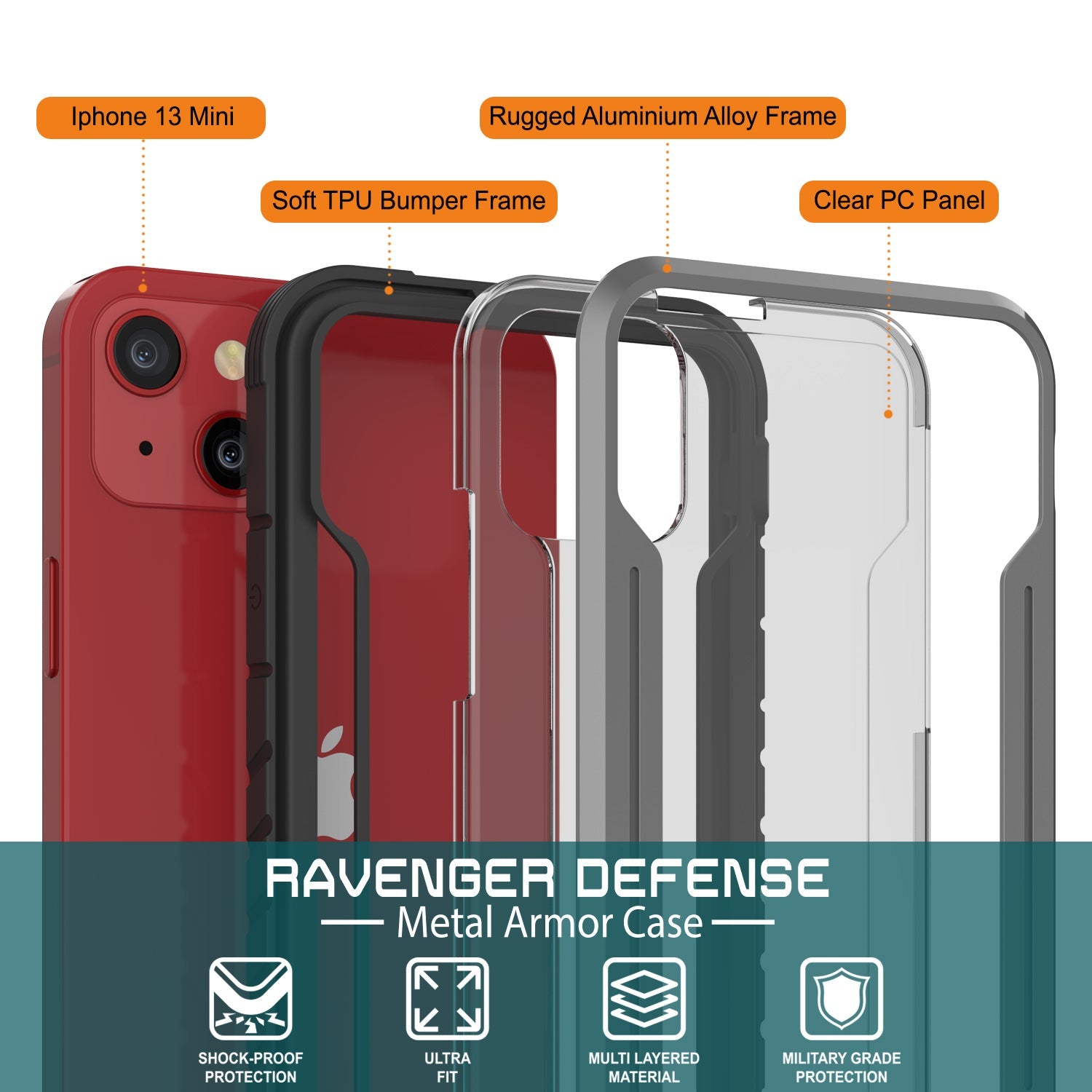 Punkcase iPhone 13 Mini ravenger Case Protective Military Grade Multilayer Cover [Grey-Black]