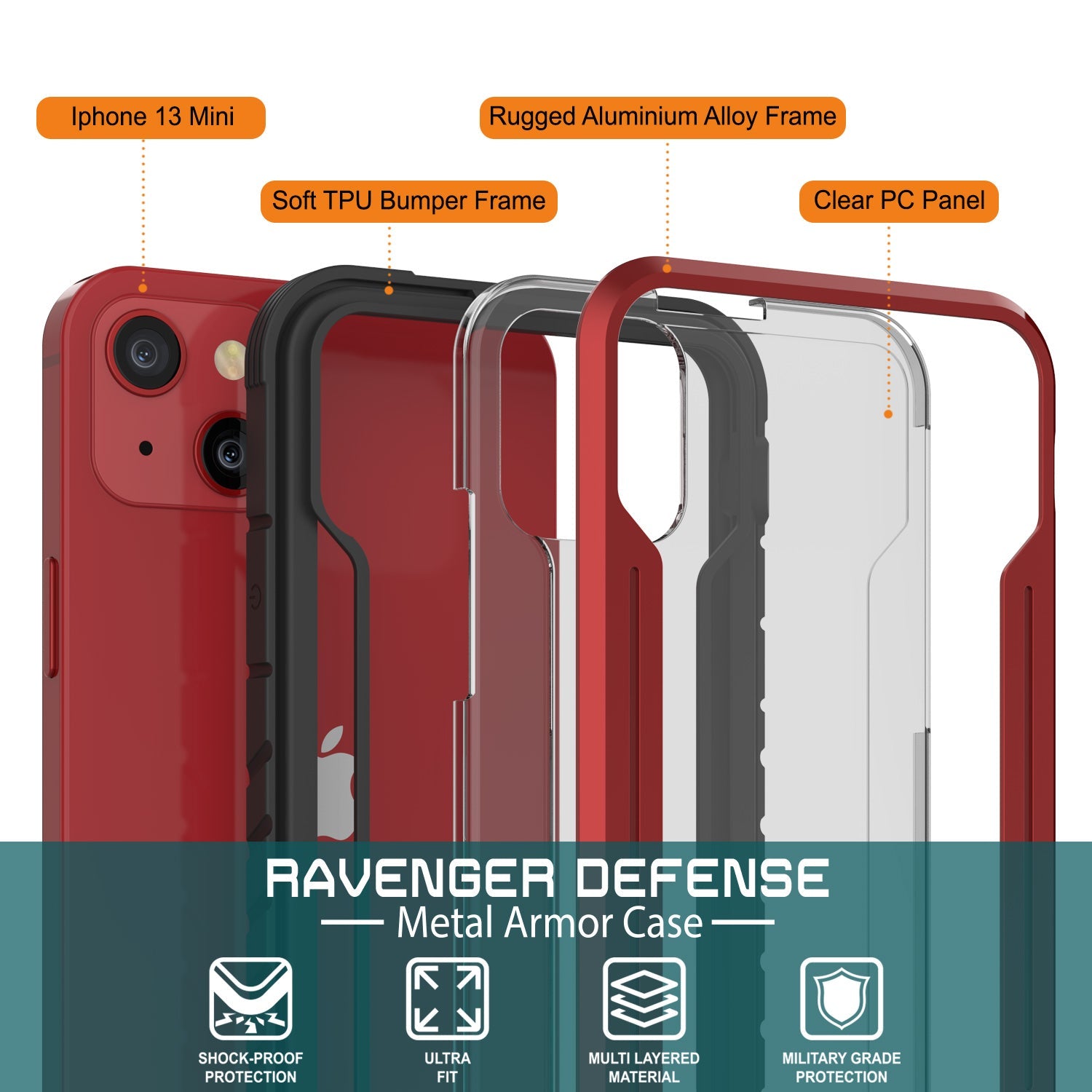 Punkcase iPhone 13 Mini ravenger Case Protective Military Grade Multilayer Cover [Red]