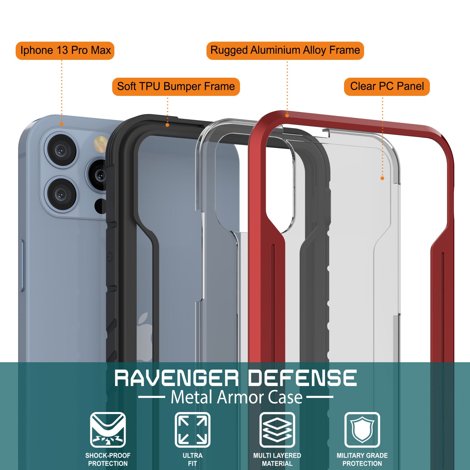 Punkcase iPhone 13 Pro Max ravenger Case Protective Military Grade Multilayer Cover [Red]