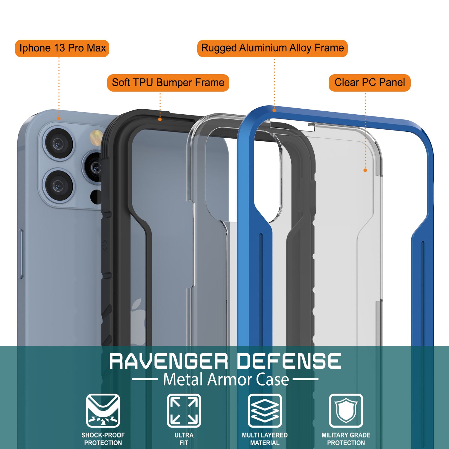 Punkcase iPhone 13 Pro Max ravenger Case Protective Military Grade Multilayer Cover [Navy Blue]