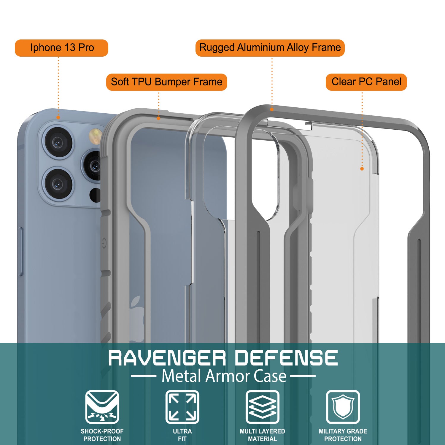 Punkcase iPhone 14 Pro Ravenger MAG Defense Case Protective Military Grade Multilayer Cover [Grey]