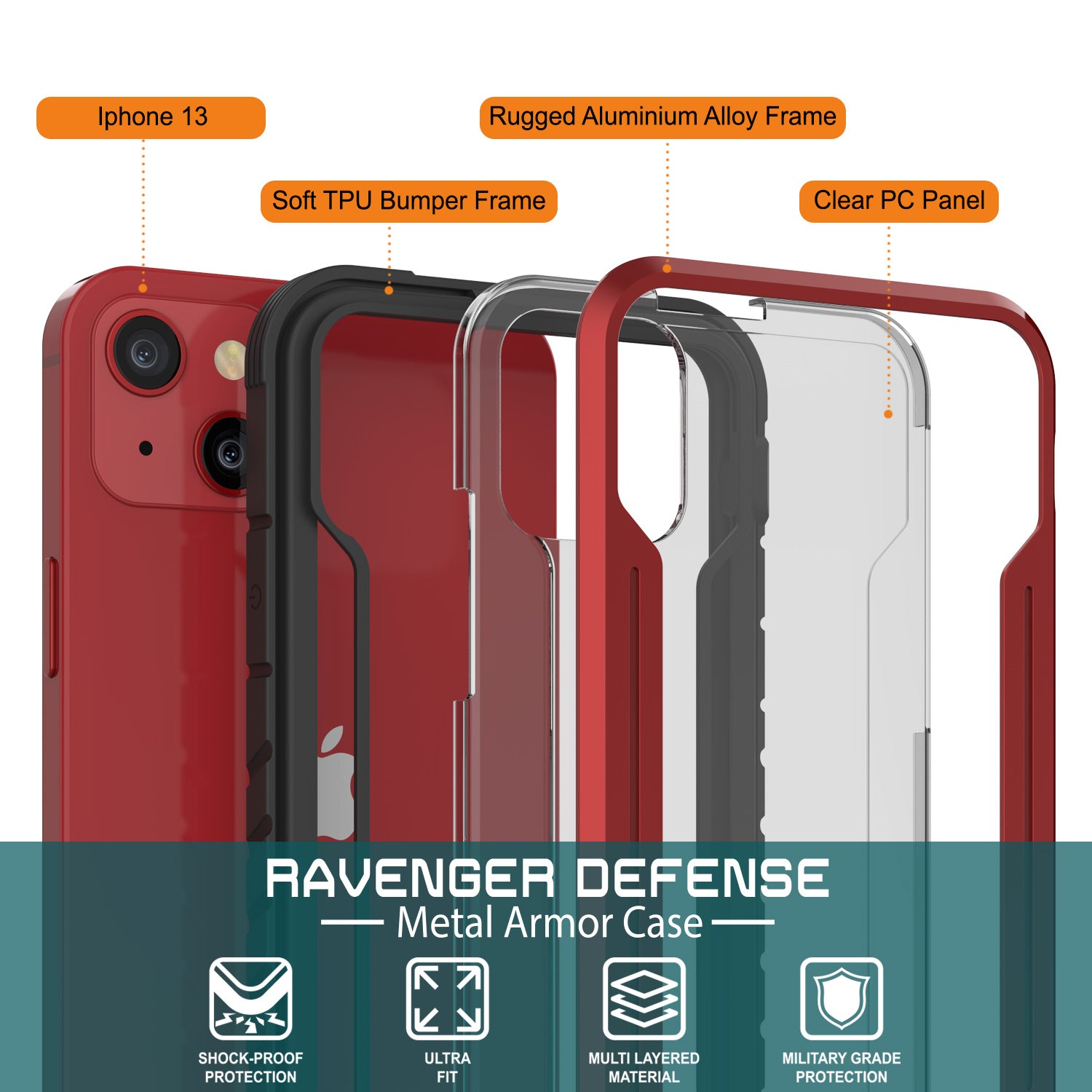 Punkcase iPhone 14 Ravenger MAG Defense Case Protective Military Grade Multilayer Cover [Red]