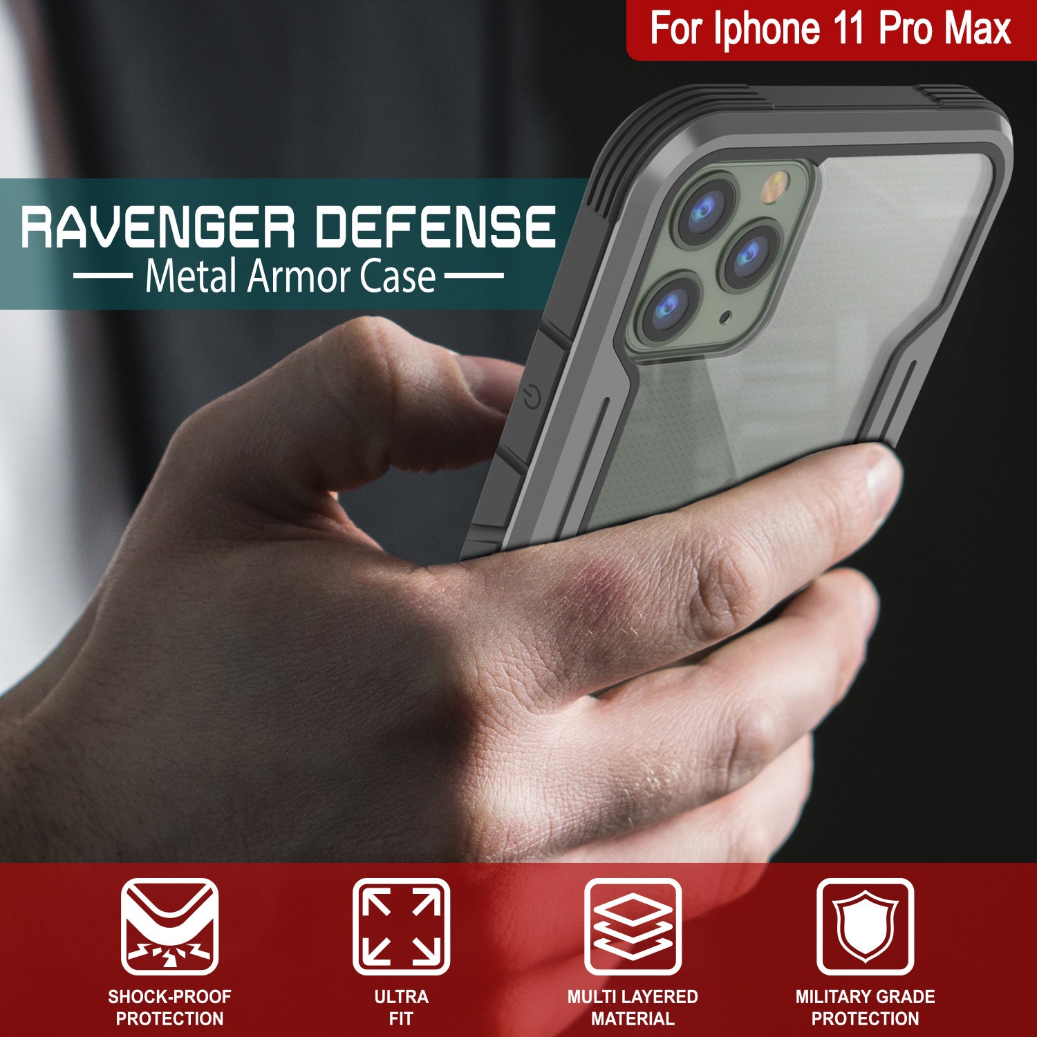 Punkcase iPhone 11 Pro Max ravenger Case Protective Military Grade Multilayer Cover [Grey-Black]