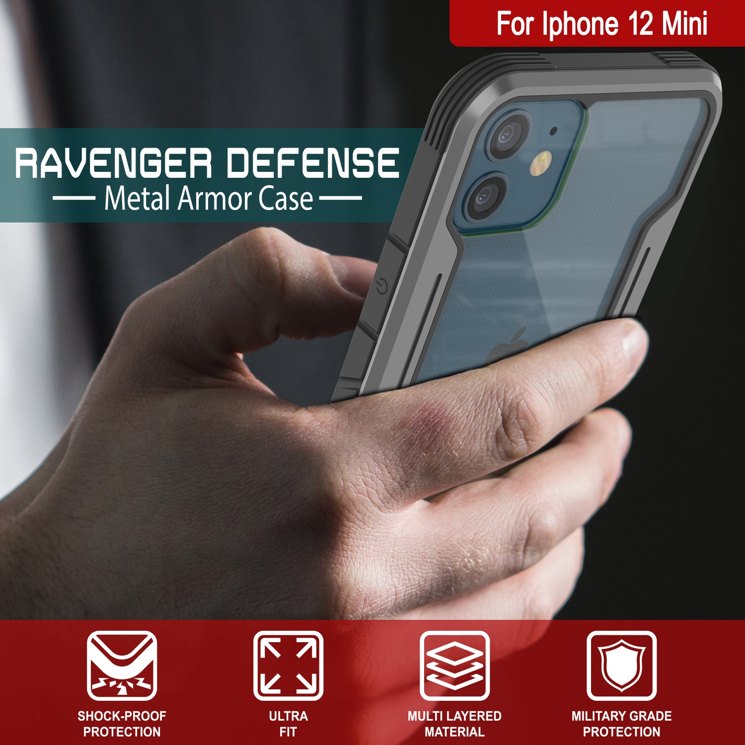 Punkcase iPhone 12 Mini ravenger Case Protective Military Grade Multilayer Cover [Grey-Black]