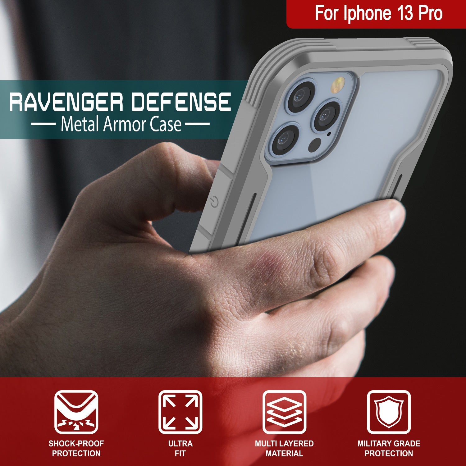 Punkcase iPhone 13 Pro ravenger Case Protective Military Grade Multilayer Cover [Grey]