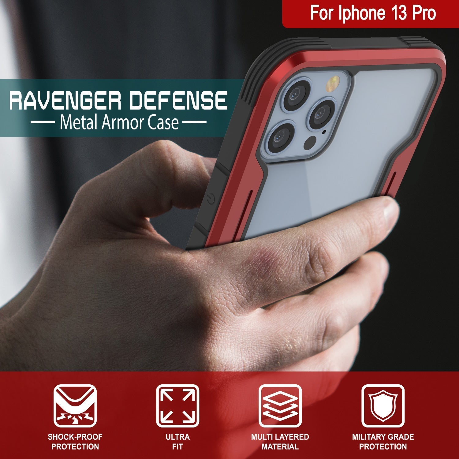 Punkcase iPhone 14 Pro Ravenger MAG Defense Case Protective Military Grade Multilayer Cover [Red]