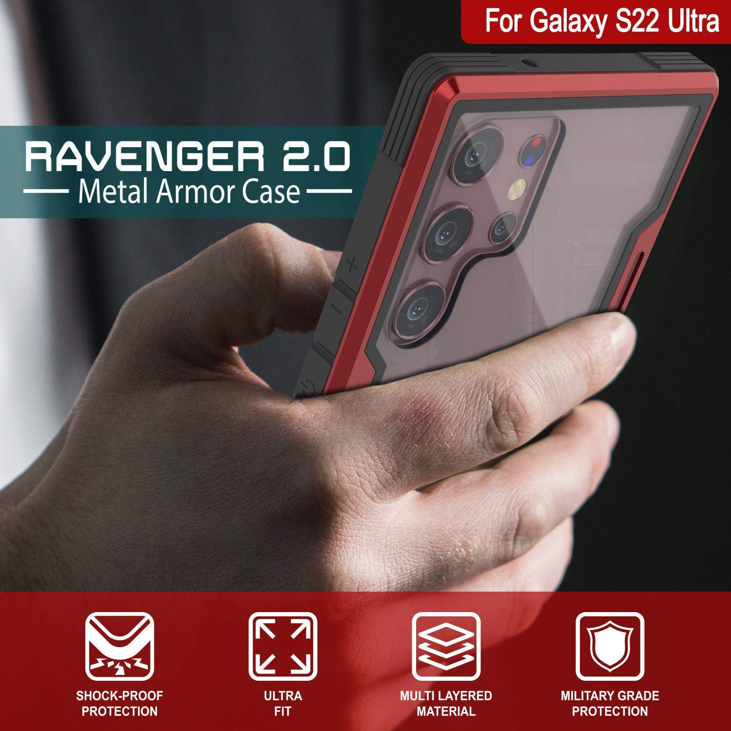 Punkcase S22 Ultra ravenger Case Protective Military Grade Multilayer Cover [Red]