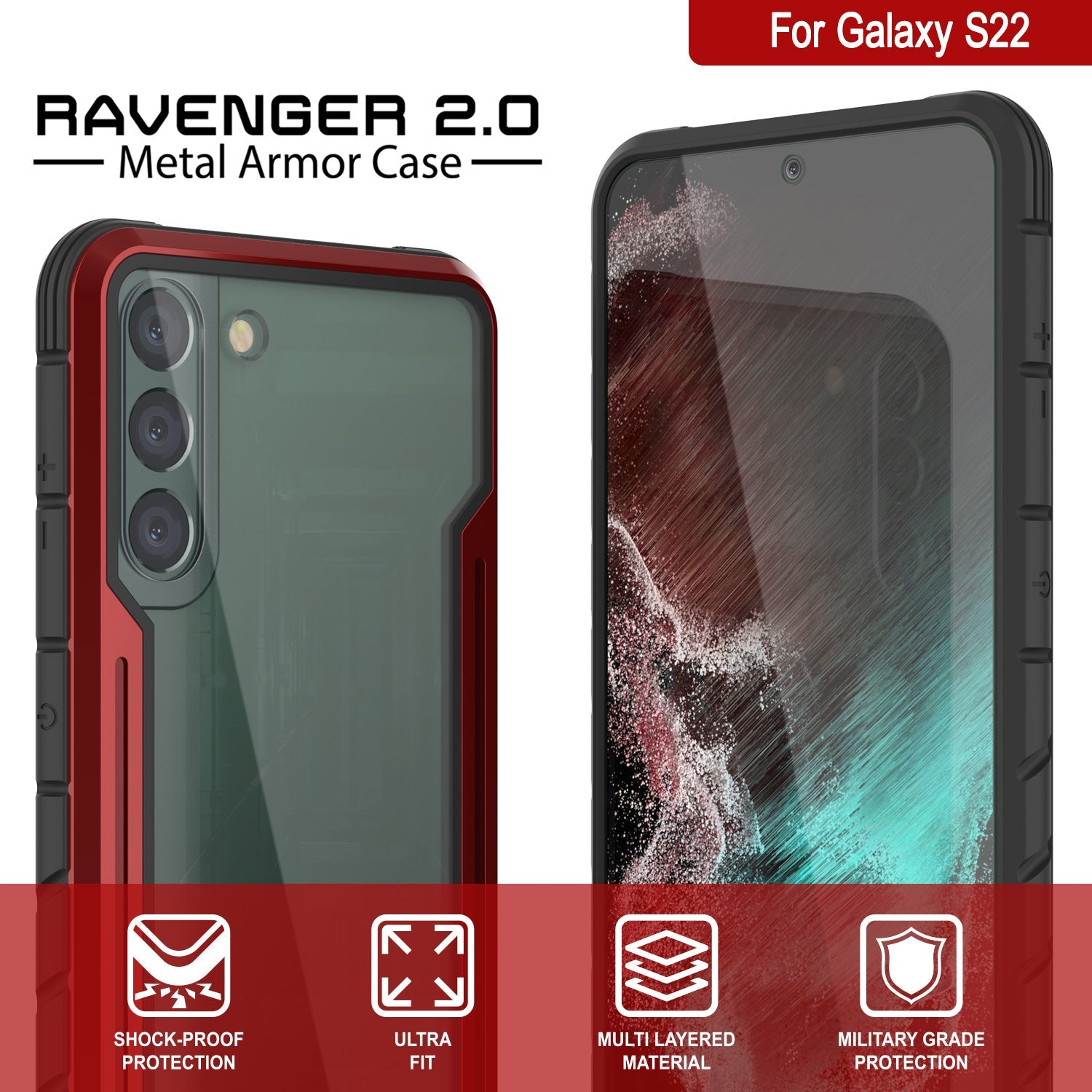 Punkcase S22 ravenger Case Protective Military Grade Multilayer Cover [Red]