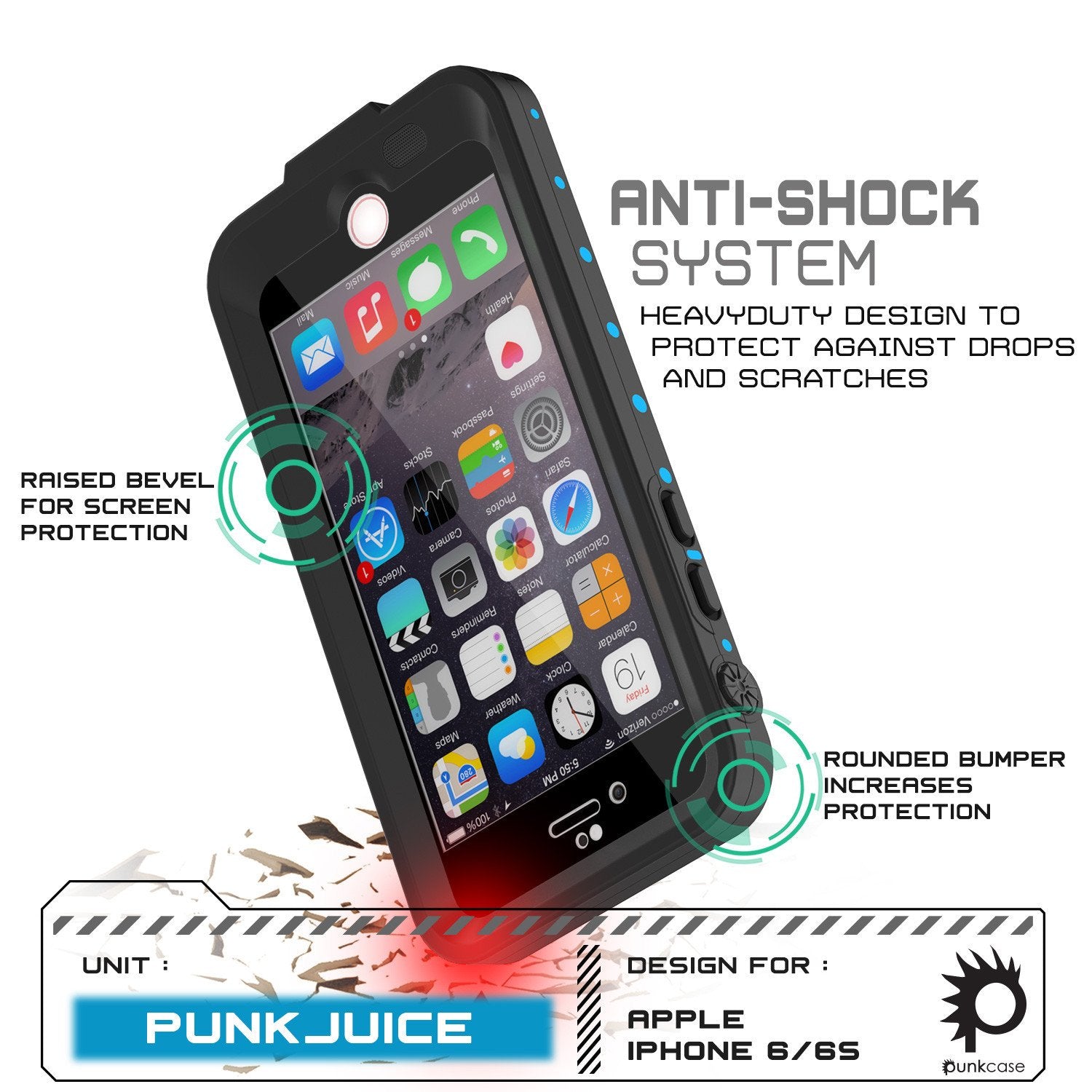 PunkJuice iPhone 6+ Plus/6s+ Plus Battery Case Light Blue - Waterproof Slim Juice Bank with 4300mAh