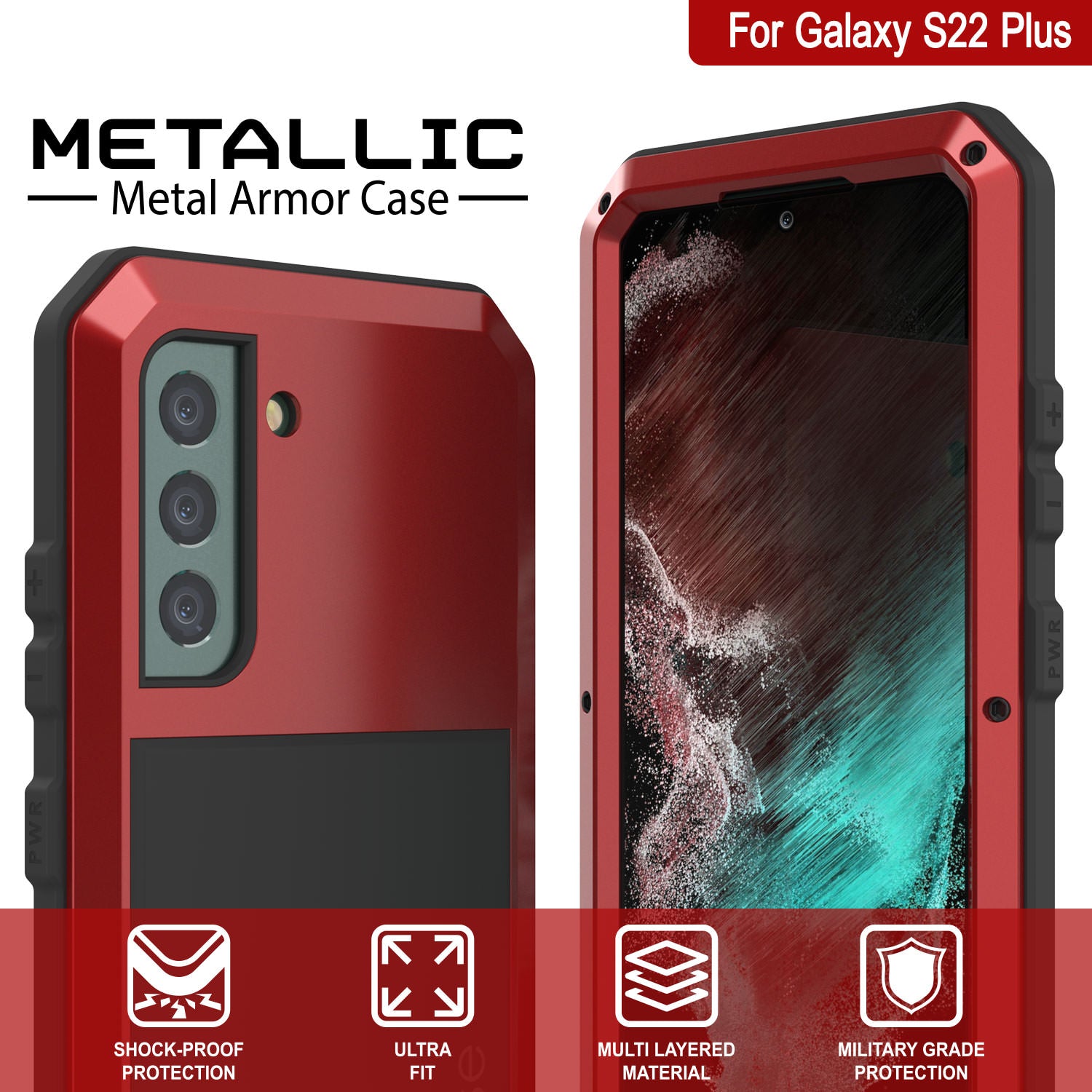 Galaxy S22+ Plus Metal Case, Heavy Duty Military Grade Rugged Armor Cover [Red]