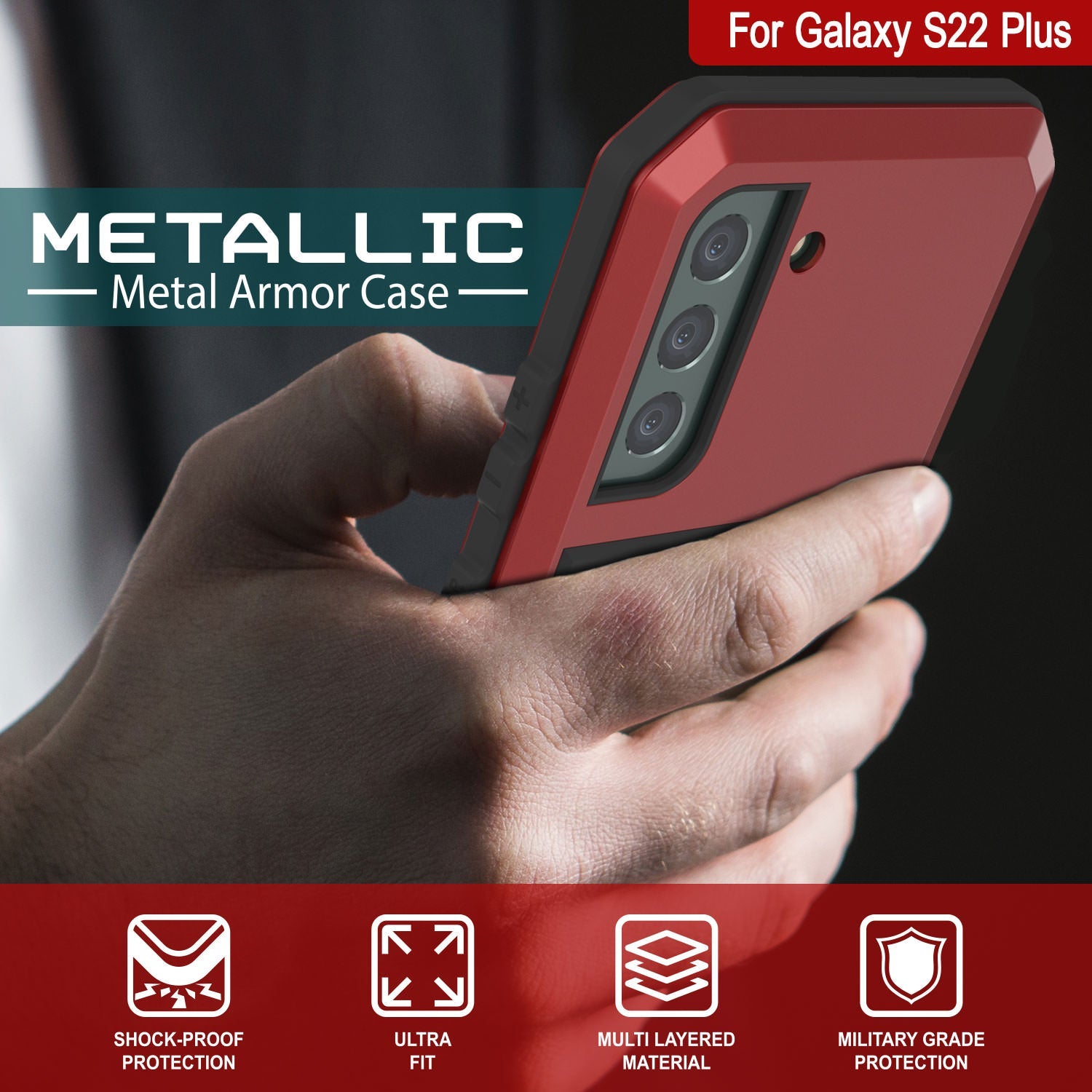 Galaxy S22+ Plus Metal Case, Heavy Duty Military Grade Rugged Armor Cover [Red]