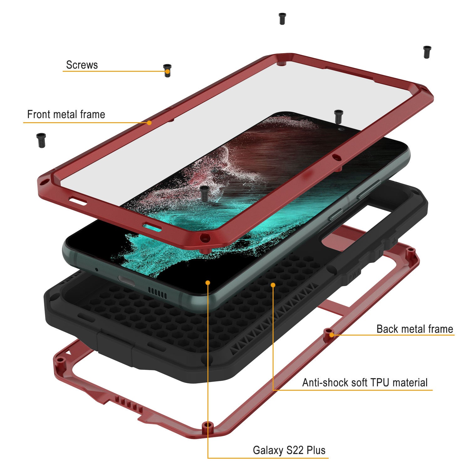 Galaxy S22+ Plus Metal Case, Heavy Duty Military Grade Rugged Armor Cover [Red]