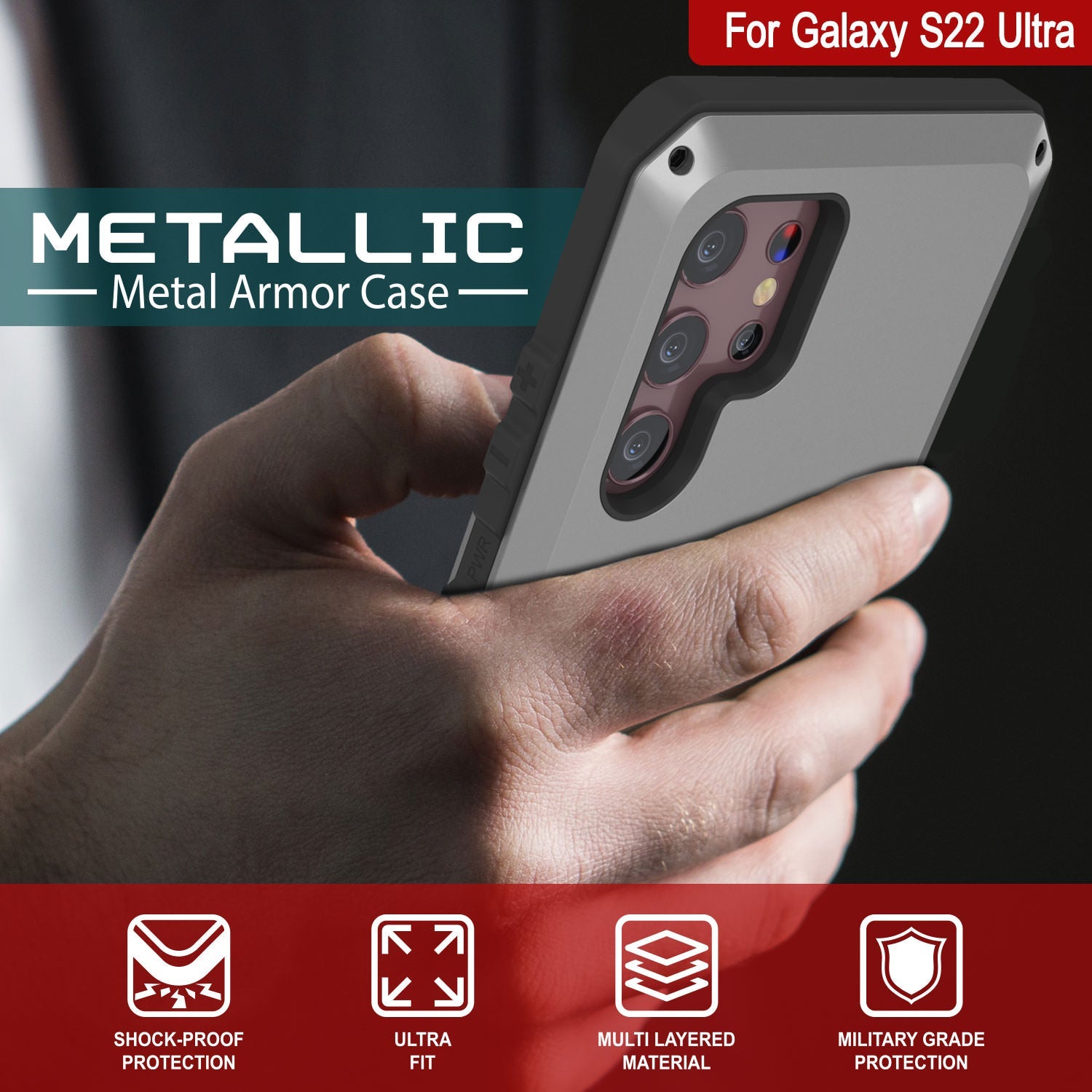 Galaxy S22 Ultra Metal Case, Heavy Duty Military Grade Rugged Armor Cover [Silver]