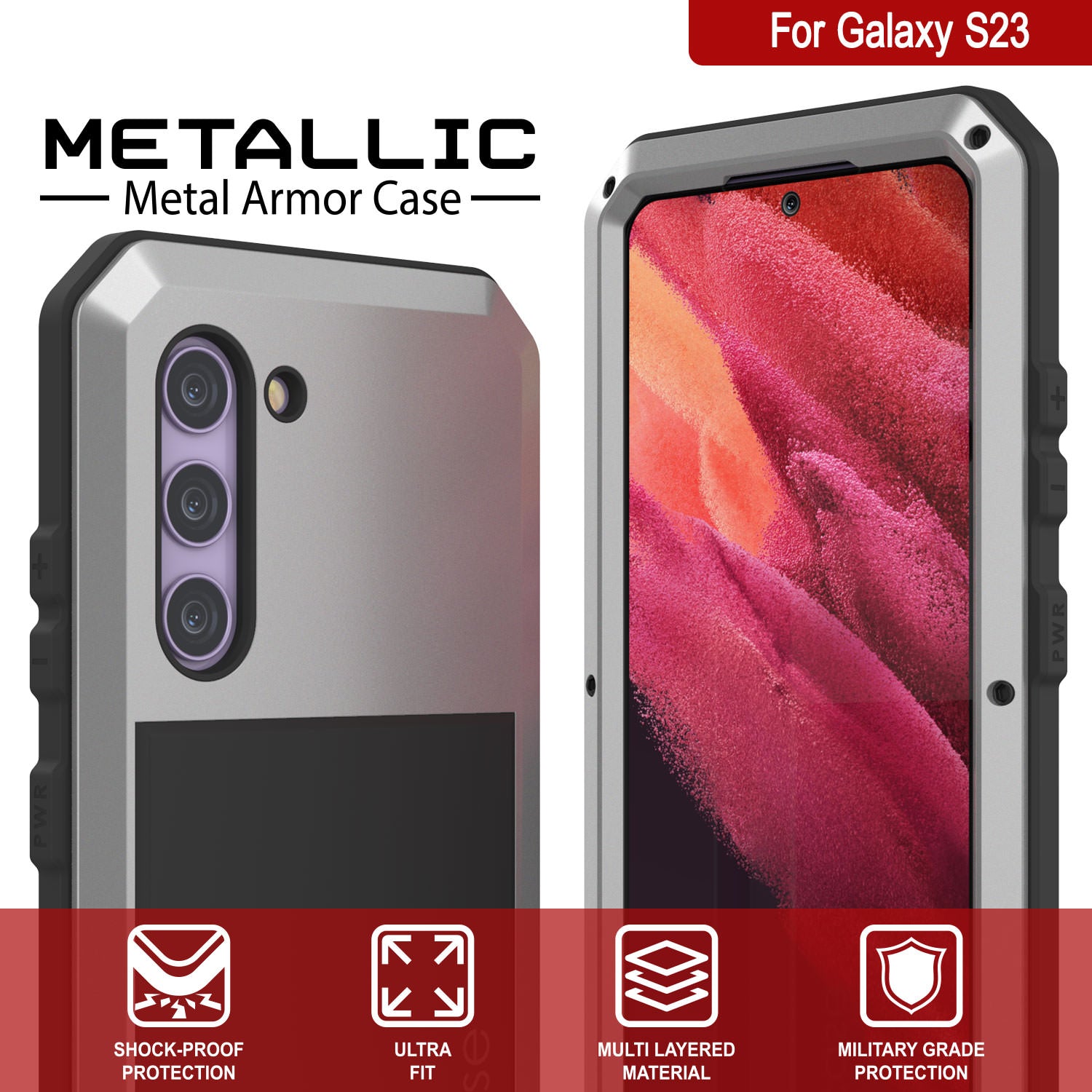 Galaxy S23 Metal Case, Heavy Duty Military Grade Armor Cover [shock proof] Full Body Hard [Silver]