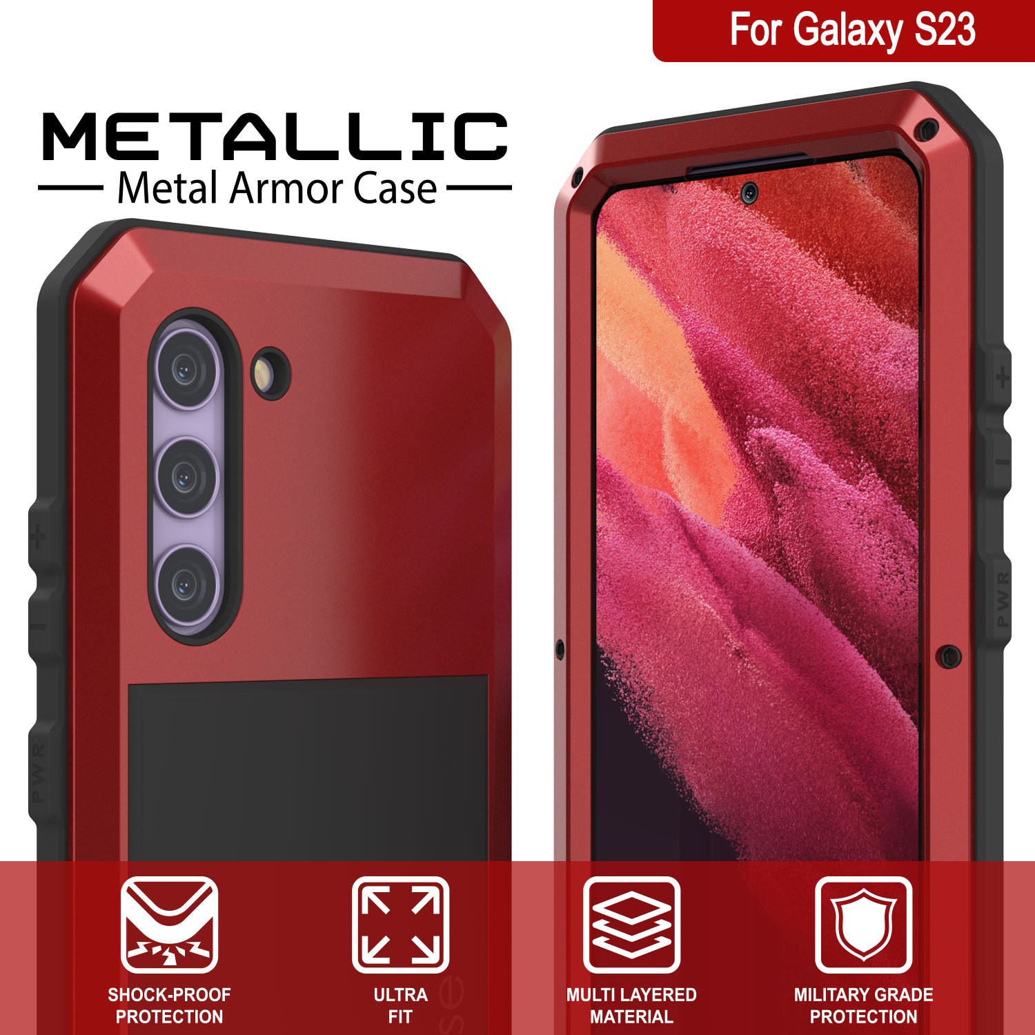 Galaxy S23 Metal Case, Heavy Duty Military Grade Armor Cover [shock proof] Full Body Hard [Red]