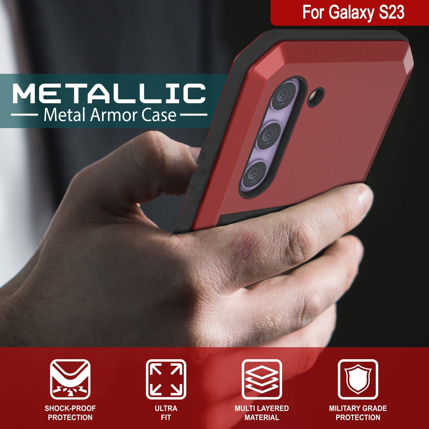 Galaxy S23 Metal Case, Heavy Duty Military Grade Armor Cover [shock proof] Full Body Hard [Red]