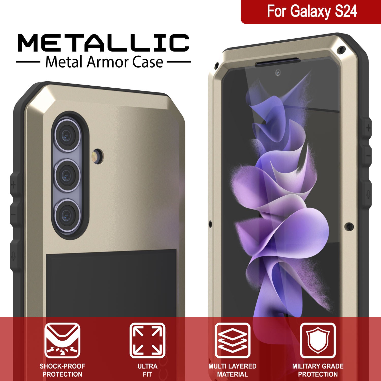 Galaxy S24 Metal Case, Heavy Duty Military Grade Armor Cover [shock proof] Full Body Hard [Gold]