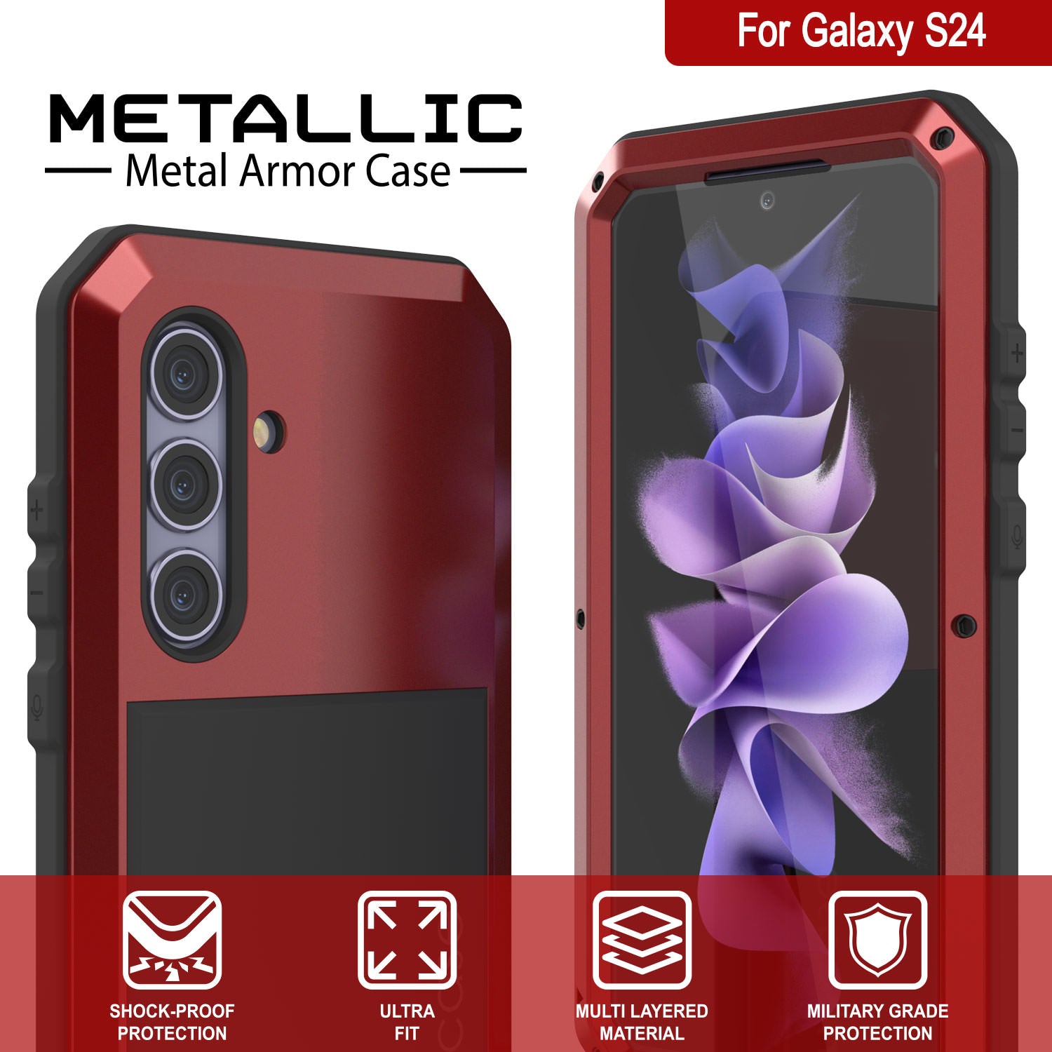 Galaxy S24 Metal Case, Heavy Duty Military Grade Armor Cover [shock proof] Full Body Hard [Red]