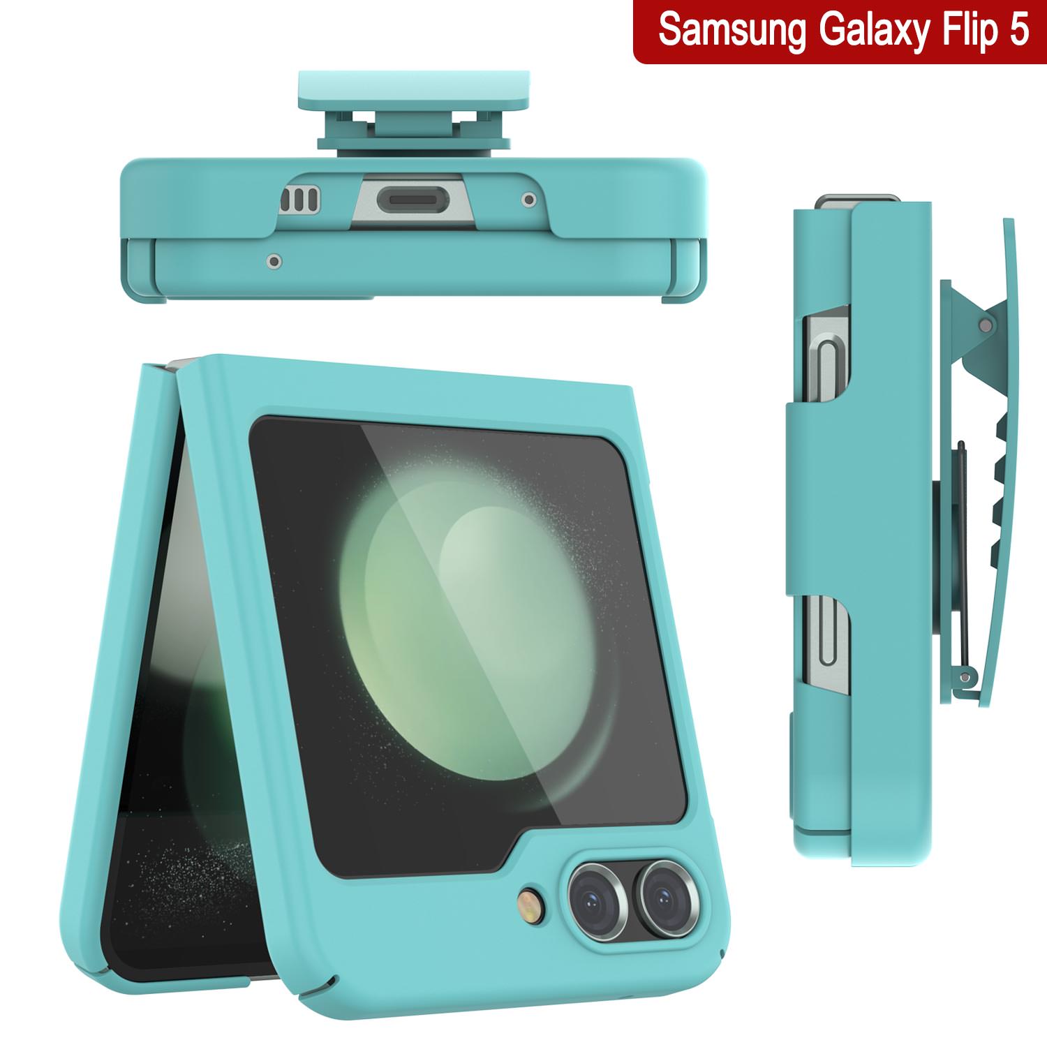 Galaxy Z Flip5 Case With Tempered Glass Screen Protector, Holster Belt Clip & Built-In Kickstand [Teal]