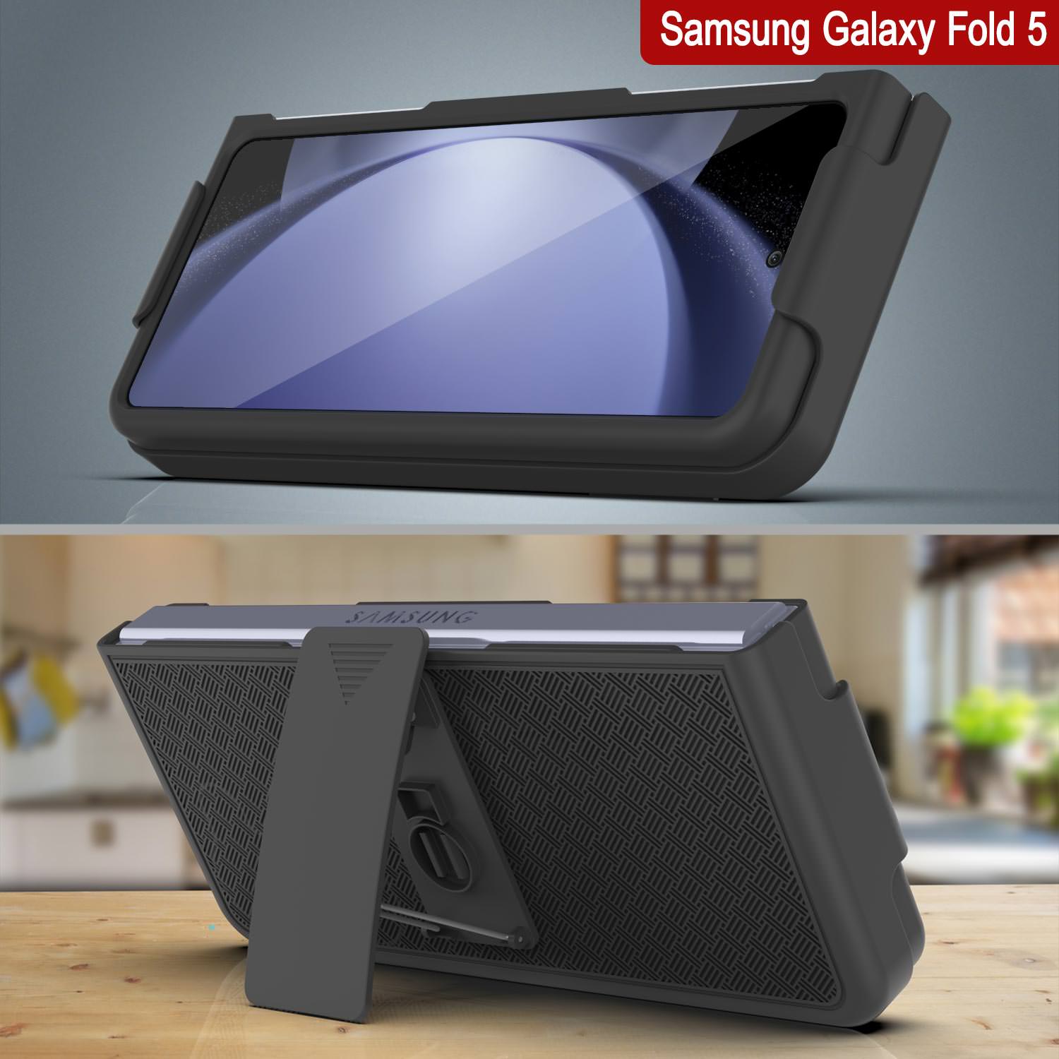 Galaxy Z Fold5 Case With Tempered Glass Screen Protector, Holster Belt Clip & Built-In Kickstand [Black]