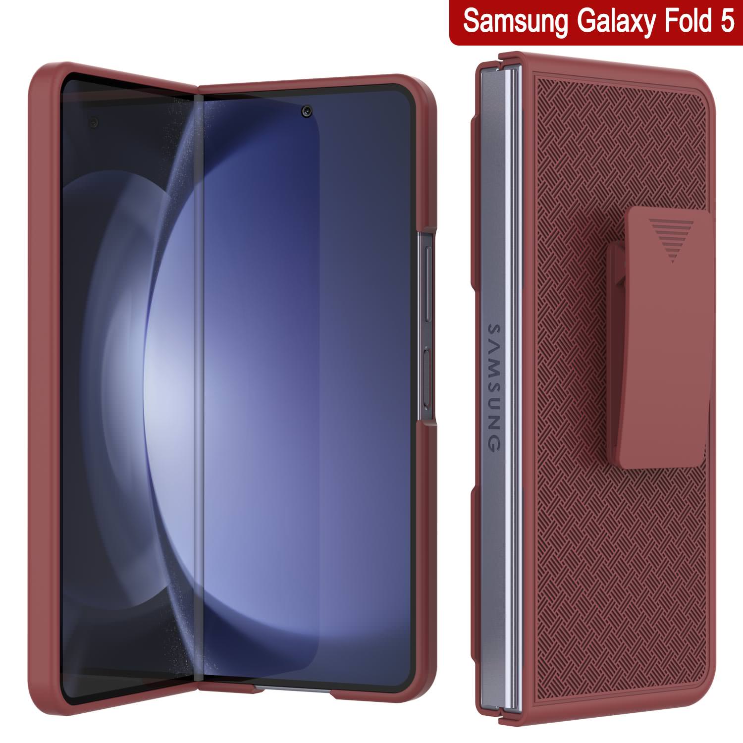 Galaxy Z Fold5 Case With Tempered Glass Screen Protector, Holster Belt Clip & Built-In Kickstand [Red]