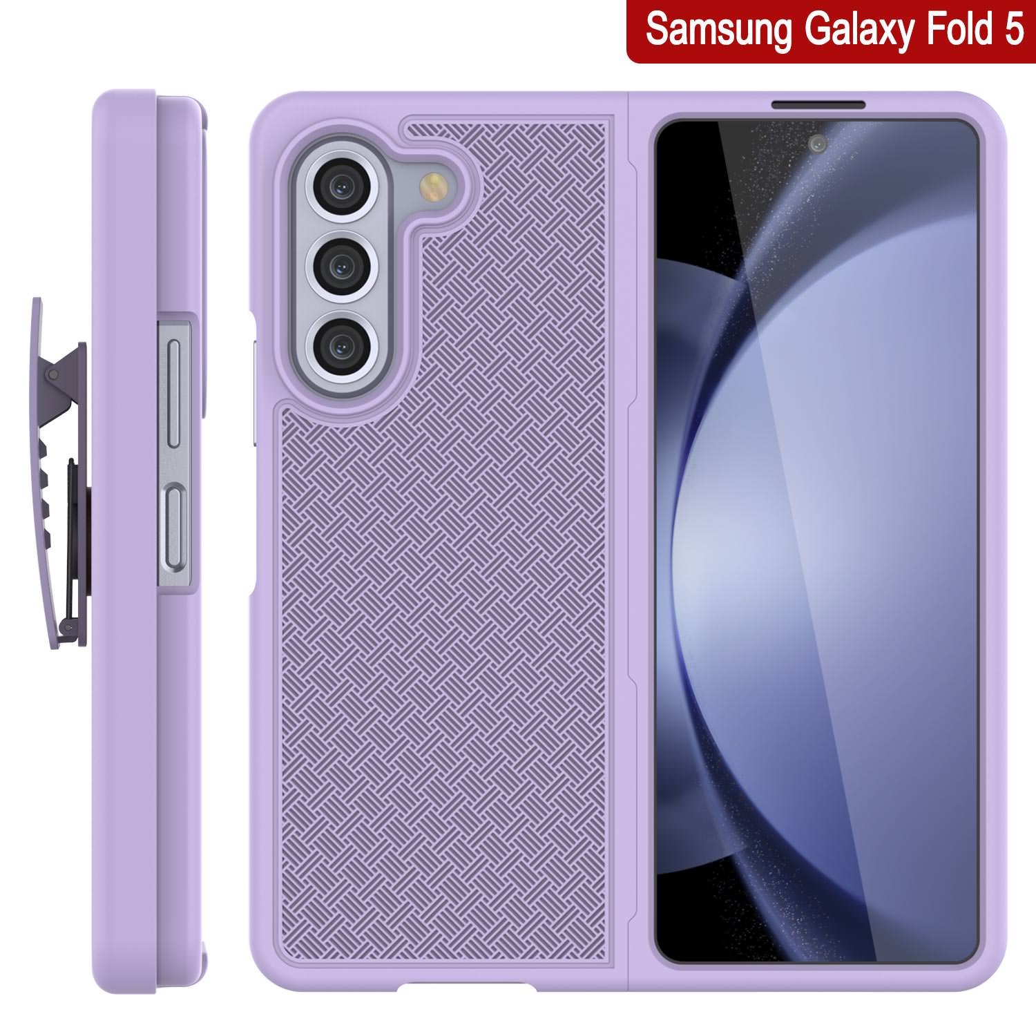 Galaxy Z Fold5 Case With Tempered Glass Screen Protector, Holster Belt Clip & Built-In Kickstand [Lilac]