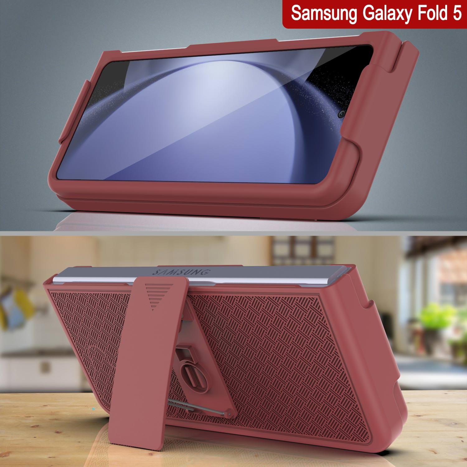 Galaxy Z Fold5 Case With Tempered Glass Screen Protector, Holster Belt Clip & Built-In Kickstand [Red]