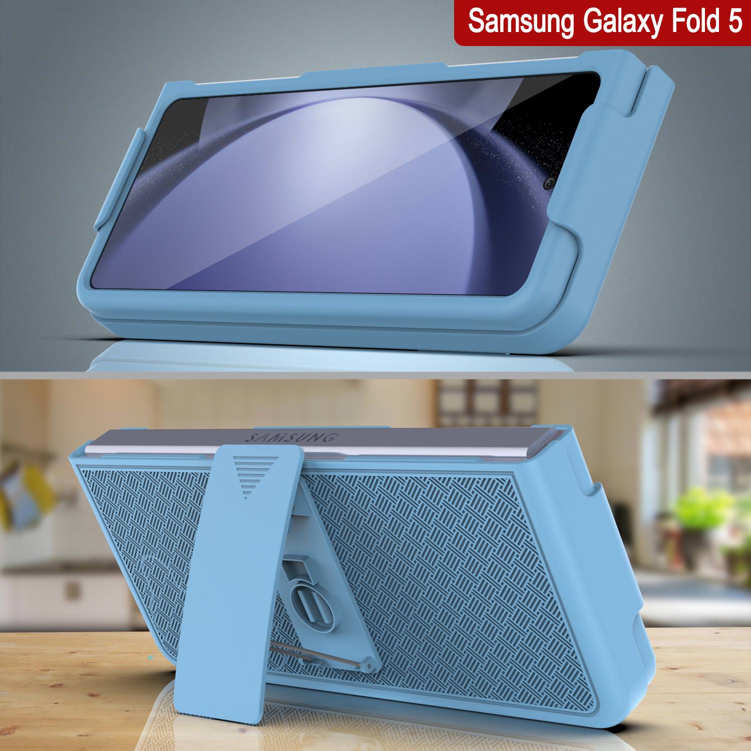 Galaxy Z Fold5 Case With Tempered Glass Screen Protector, Holster Belt Clip & Built-In Kickstand [Blue]