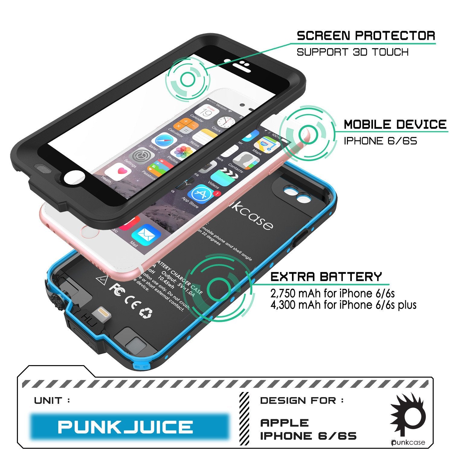 PunkJuice iPhone 6+ Plus/6s+ Plus Battery Case Light Blue - Waterproof Slim Juice Bank with 4300mAh