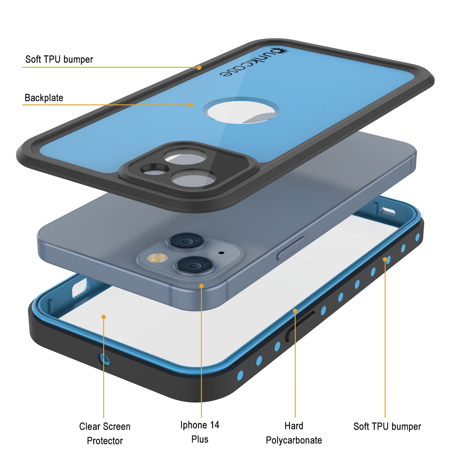 iPhone 14 Plus Waterproof IP68 Case, Punkcase [Light blue] [StudStar Series] [Slim Fit] [Dirtproof]