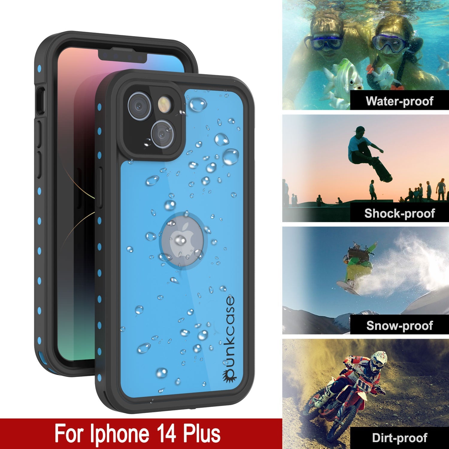 iPhone 14 Plus Waterproof IP68 Case, Punkcase [Light blue] [StudStar Series] [Slim Fit] [Dirtproof]